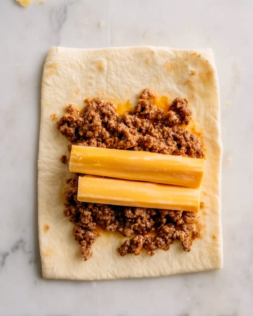 The image shows a single flat square piece of soft, pale beige flatbread laid on a white marbled surface. On top of the flatbread, there is a layer of cooked ground meat that is brown with some visible small bits, spread roughly in the center. Placed on top of the meat are two rectangular sticks of marbled yellow and orange cheese, aligned horizontally and parallel to each other. The overall presentation is simple, with focus on the layers of flatbread, meat, and cheese. Photo taken with an iphone --ar 4:5 --v 7