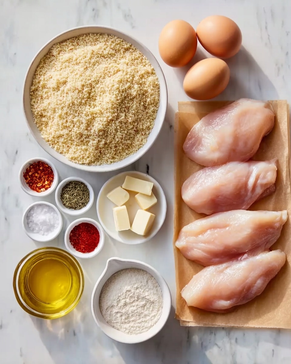 The image shows several ingredients arranged neatly on a white marbled surface. In the center, there is a white bowl filled with dry breadcrumbs that have a light golden color and grainy texture. To the right, five raw chicken fillets with a pale pink color and smooth, moist surface are placed in a line on brown parchment paper. Surrounding the bowl and chicken on the left are small white dishes with different ingredients: three small bowls hold red spices, green dried herbs, and black peppercorns; another small dish contains white sea salt crystals; yet another has three small pieces of light yellow butter cubes. Above the bowl of breadcrumbs, two brown eggs with smooth shells sit on the marble. Next to the eggs, there is a white cup filled with a white powdery substance, likely flour. Below, a small glass bowl with golden yellow oil is placed as well. The overall look is clean, organized, and bright with natural light. photo taken with an iphone --ar 4:5 --v 7