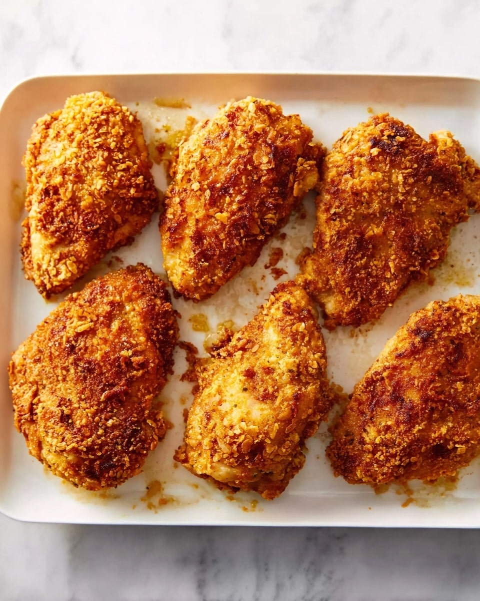 The image shows six pieces of golden brown fried chicken on a white rectangular tray, each piece with a crispy, textured coating that looks crunchy and seasoned. The tray sits on a white marbled surface, and the chicken pieces are arranged in two rows, with the pieces varying slightly in size and shape, showing a rough, crunchy outer layer that catches the light well. photo taken with an iphone --ar 4:5 --v 7