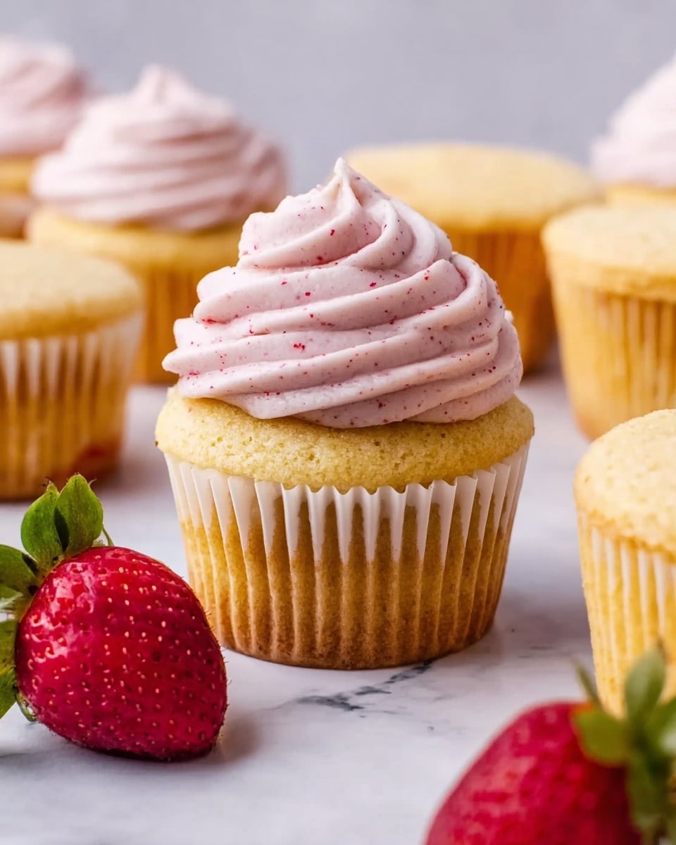 A close-up image showing a group of yellow cupcakes on a white marbled surface, with one cupcake in the center topped with a swirl of light pink frosting that has tiny red specks. The cupcakes have white paper liners, and the yellow cake looks soft with a smooth texture. Two whole fresh red strawberries with green leaves are placed near the frosted cupcake on the left side. The background shows more unfrosted yellow cupcakes slightly out of focus. Photo taken with an iphone --ar 4:5 --v 7