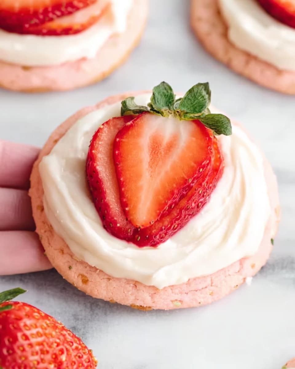 The image shows a single round pink cookie with a smooth, creamy white frosting spread evenly on top. Centered on the frosting is a large half of a bright red strawberry with green leaves still attached. The cookie sits on a white marbled surface with part of another similar cookie and a whole strawberry visible nearby. A woman's hand is not visible but implied to hold or place the cookie in the scene. photo taken with an iphone --ar 4:5 --v 7