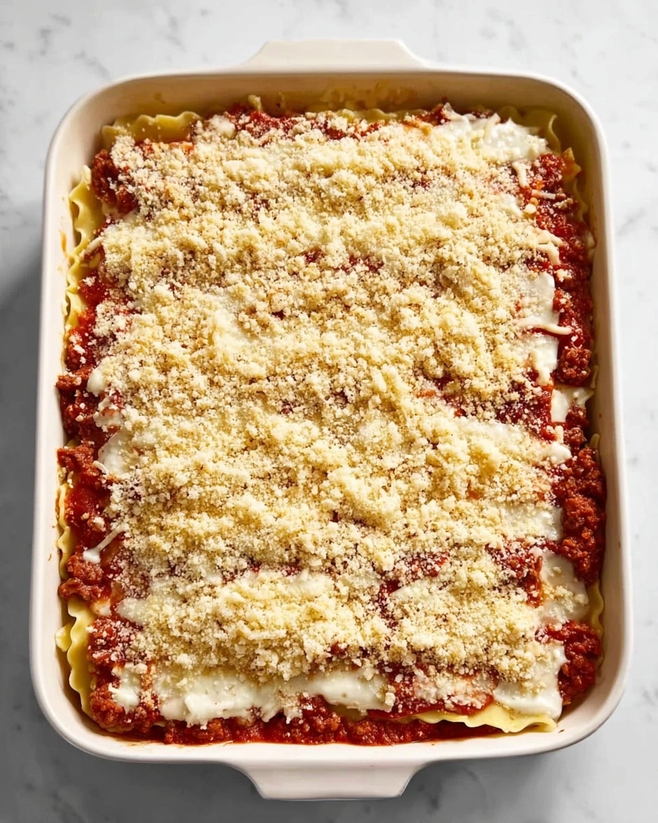 The image shows a white rectangular baking dish filled with layered lasagna placed on a white marbled surface. The bottom layer is a rich red tomato sauce mixed with ground meat, spread evenly across the dish. Above the sauce is a creamy layer of white cheese and pasta sheets, topped by a generous layer of shredded white cheese covering the entire surface. Light brown breadcrumbs are sprinkled evenly over the cheese, creating a rough texture on top. The dish is ready to be baked, presenting a mix of red, white, and light brown colors. Photo taken with an iphone --ar 4:5 --v 7