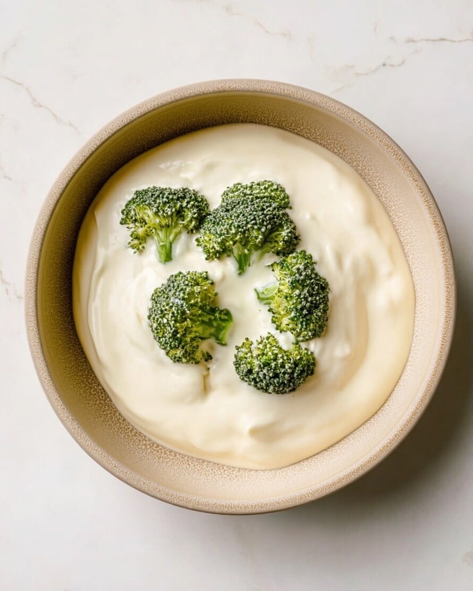 A beige round bowl with a creamy white sauce spread in a thick, smooth layer covering the bottom, topped with five small pieces of bright green broccoli partially dipped in the sauce, showing some texture contrast between the sauce and the broccoli tops. The bowl is placed on a white marbled surface. Photo taken with an iphone --ar 4:5 --v 7