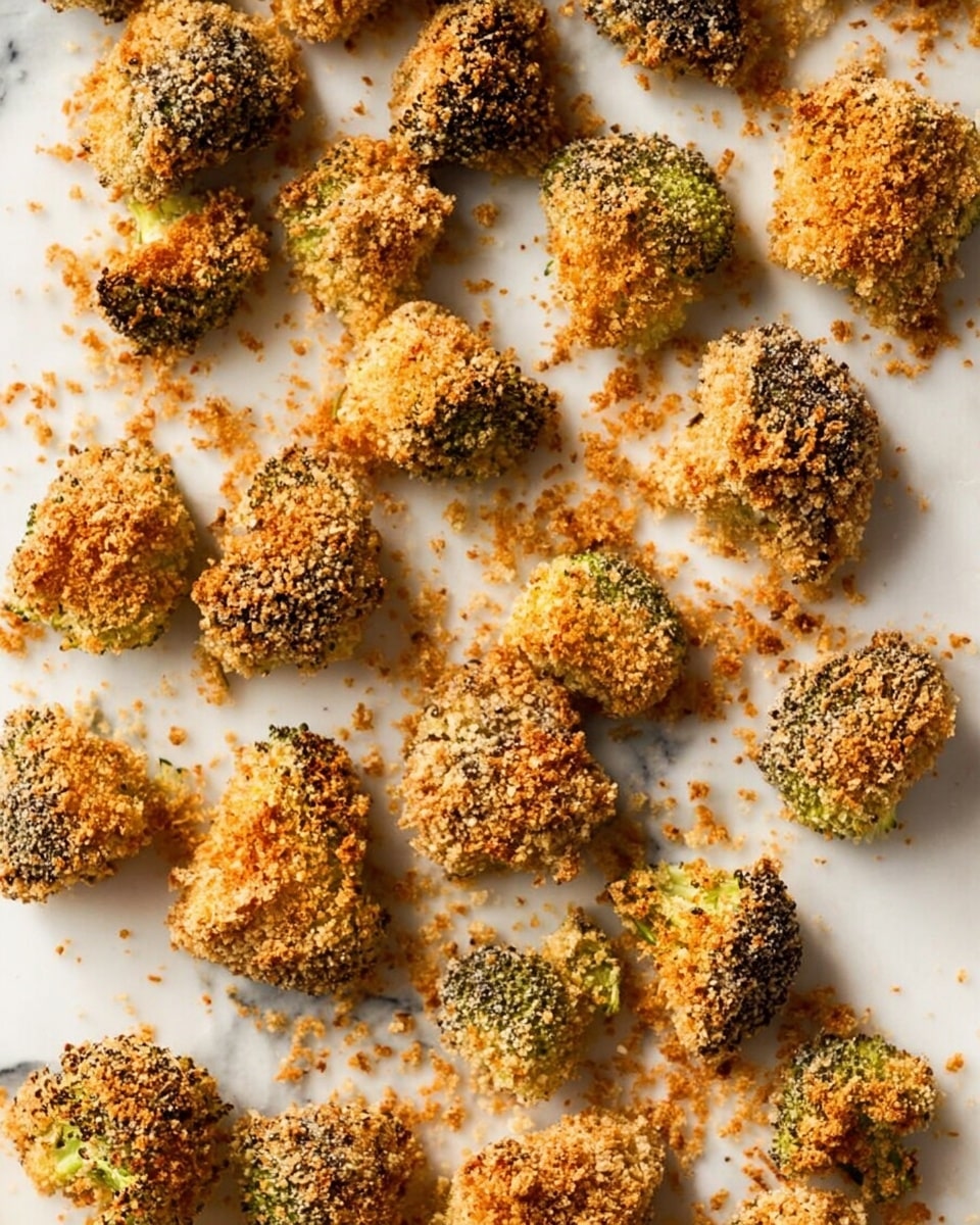 The image shows many small pieces of broccoli, each covered in a golden-brown crispy layer. The coating looks crunchy and crumbly, with bits of crumbs scattered around the broccoli on a white marbled surface. The broccoli pieces are arranged loosely, with different sizes and shapes visible. The texture of the coating contrasts with the green of the broccoli showing through in some spots. There is no plate or bowl in the image, only the broccoli and crumbs spread out evenly. Photo taken with an iphone --ar 4:5 --v 7