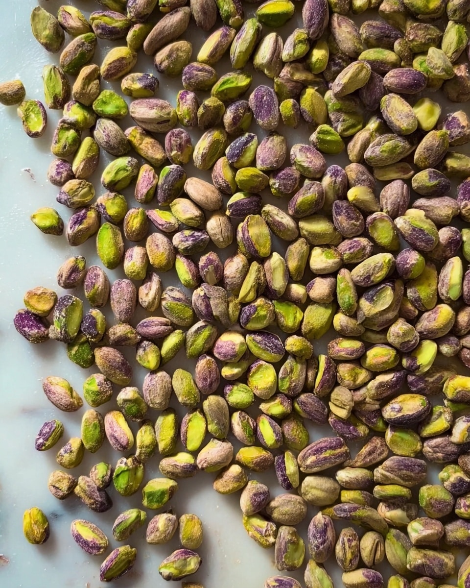 The image shows a close-up of many shelled pistachio nuts spread out evenly in a single layer on a white marbled surface. The pistachios have a mix of green, yellow, and purple-brown colors with a slightly rough texture. The nuts are small and oval-shaped, and they fill the frame almost completely, creating a pattern of varied earthy tones. photo taken with an iphone --ar 4:5 --v 7