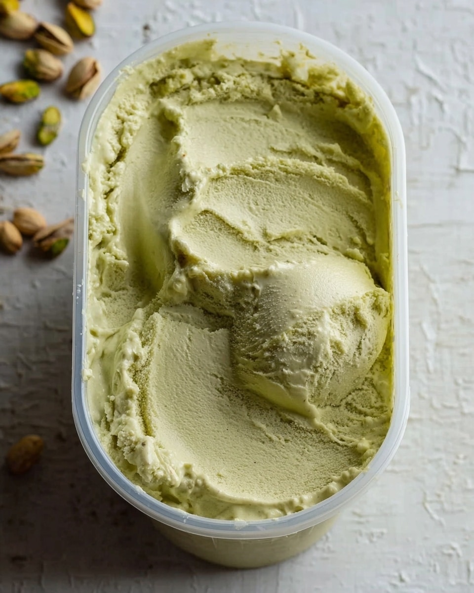 The image shows a clear plastic container filled with a single layer of thick, creamy pistachio ice cream. The ice cream is light green with a smooth texture and some natural swirls on the surface, showing slight airiness, and the container is frosted slightly on the outside from cold. The background is a white marbled texture with some pistachio nuts scattered on the left side. The ice cream fills the whole container and the top surface has uneven, soft peaks from scooping. Photo taken with an iphone --ar 4:5 --v 7
