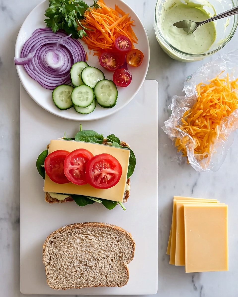 A sandwich is being made on a white cutting board placed on a white marbled surface. The bottom slice of whole grain bread is layered with green leafy spinach, two slices of pale yellow cheese, and four red tomato slices arranged side by side on top. To the left, a white plate holds thinly sliced purple onions, shredded bright orange carrots, green cilantro leaves, fresh cucumber slices, and a single tomato slice. Above the cutting board, there is a glass bowl with a creamy light green sauce and a spoon inside it. To the right of the cutting board, there is a stack of pale yellow cheese slices in clear packaging. The top slice of bread rests nearby, ready to be placed on the sandwich. Photo taken with an iphone --ar 4:5 --v 7