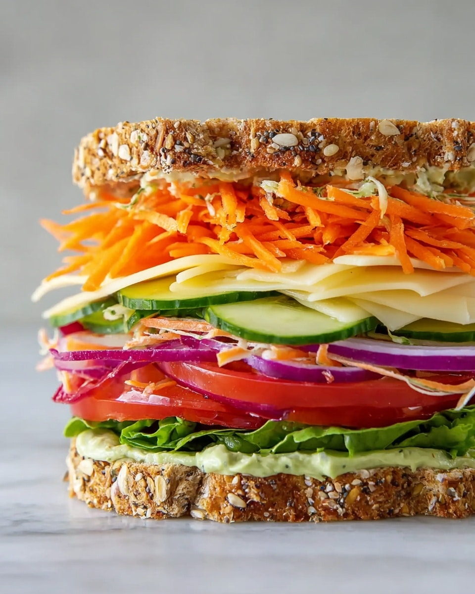 A multigrain sandwich stacked with several colorful layers is shown against a white marbled surface. The bottom layer is a slice of thick multigrain bread covered with creamy green sauce. Above it are fresh green lettuce leaves, followed by bright red tomato slices, then pale yellow cheese. On top of the cheese are thick cucumber slices, bright purple onion rings, and a generous pile of shredded bright orange carrots. The sandwich is completed with another slice of multigrain bread on top, dotted with various seeds. Photo taken with an iphone --ar 4:5 --v 7