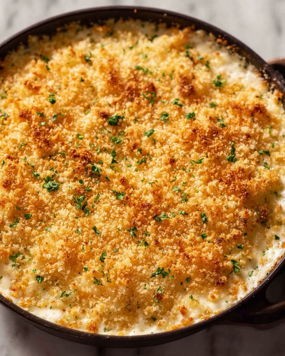A close-up view of a round dark pan filled with a baked dish showing a thick top layer of golden brown breadcrumbs, with small green parsley bits scattered evenly across the surface. The crumb layer is crispy and slightly uneven, with some small browned spots creating texture. The edges reveal a creamy white layer beneath the breadcrumbs. The pan sits on a white marbled surface, and the lighting highlights the warm, toasted colors of the dish. photo taken with an iphone --ar 4:5 --v 7