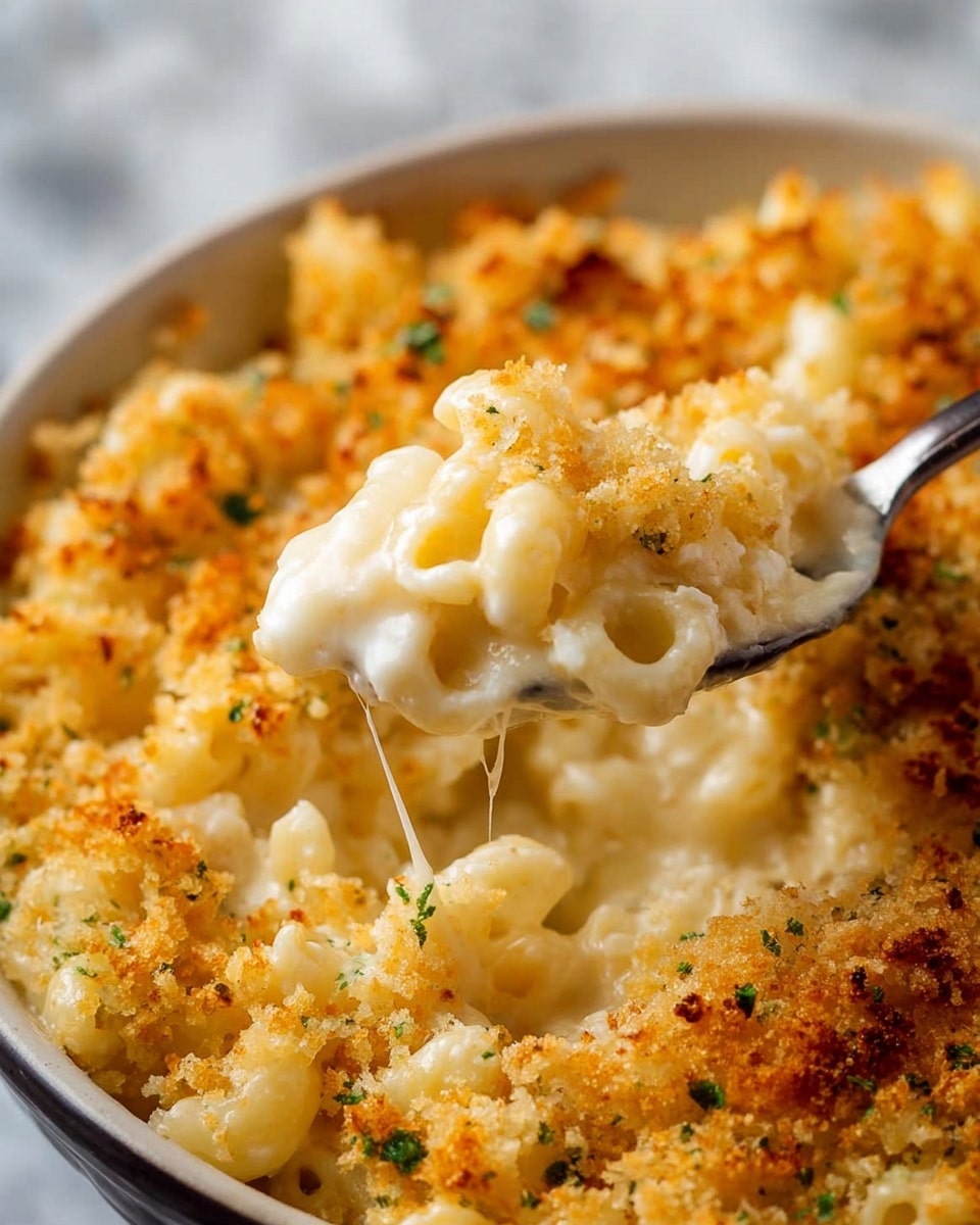 A close-up view of macaroni and cheese in a white bowl showing two main layers; the top layer is golden brown breadcrumbs with small green herb pieces, crispy and textured, while the bottom layer reveals creamy, smooth, white cheese sauce with elbow-shaped pasta coated in it. A silver spoon is scooping the creamy pasta from the bowl, making the cheese stretch slightly. The background is a white marbled texture. Photo taken with an iphone --ar 4:5 --v 7