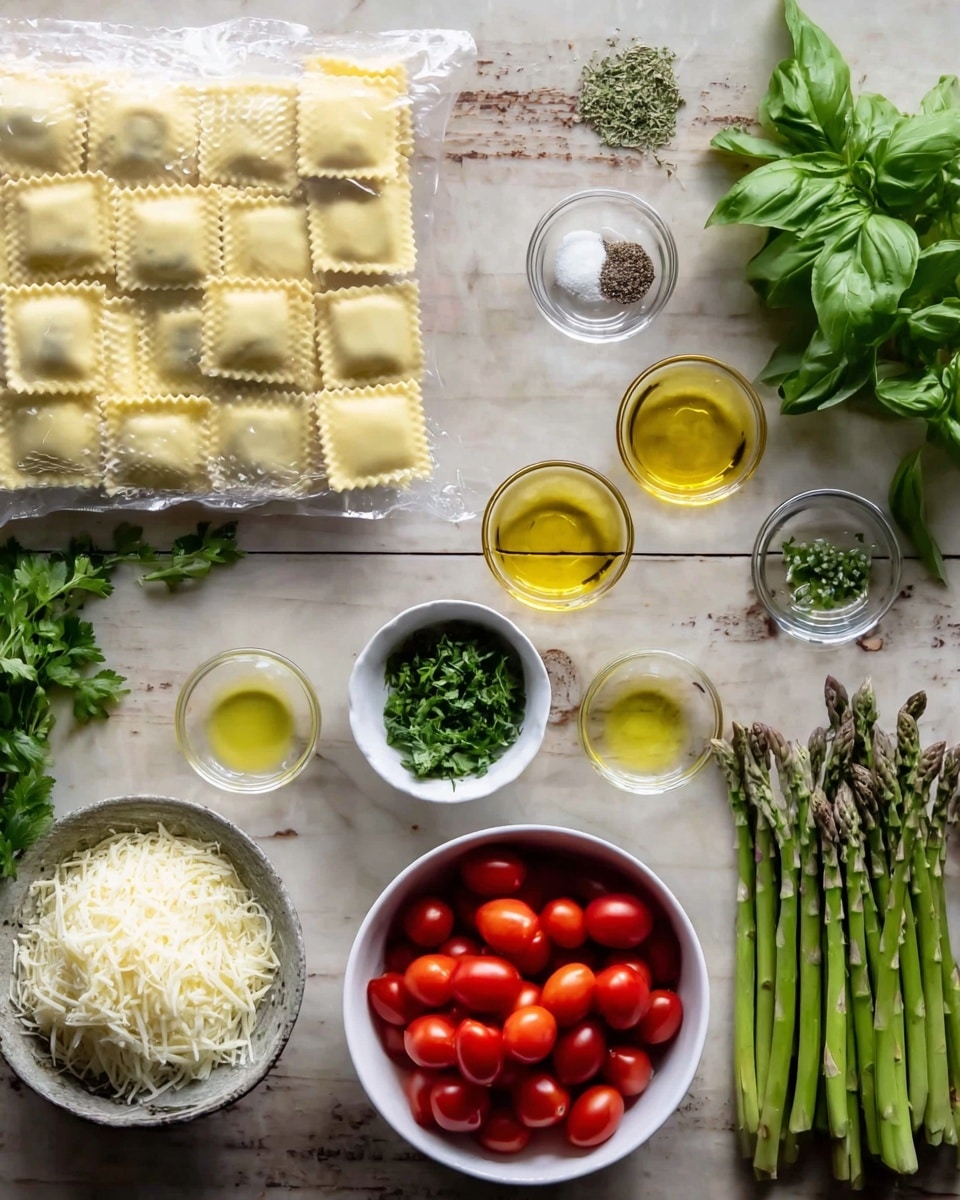 On a white marbled background, there is one large clear bag filled with frozen square ravioli pieces with crimped edges positioned in the top left corner. Moving right, small white bowls contain green chopped herbs, minced garlic, and another green leafy ingredient, each bowl placed next to each other horizontally. Above these bowls, there are three small clear cups holding golden olive oil, a lighter yellow liquid, and a small amount of black pepper. Toward the bottom left, there is a bunch of green parsley leaves and a white bowl full of shredded white cheese. At the bottom center, a white bowl contains many small bright red cherry tomatoes. To the far right side, green asparagus stalks lie neatly parallel, and to the upper right, a bunch of fresh green basil leaves rests. photo taken with an iphone --ar 4:5 --v 7