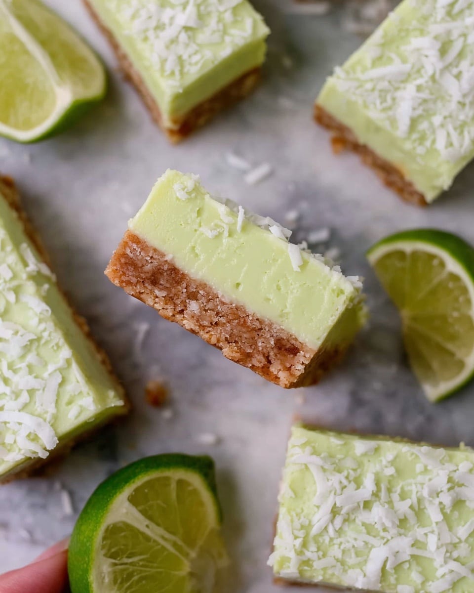 The image shows a close-up of a square dessert bar with two layers resting on a white marbled surface. The bottom layer is thick, golden brown, and looks crumbly with visible oats or grains, giving it a rough texture. The top layer is a thick, light green creamy frosting, smoothly spread and slightly wavy on the edges, topped with small white flakes, likely shredded coconut. More similar bars are blurred in the background, placed on the same white marbled surface. The focus is sharp on the front bar, showing fine details of texture. photo taken with an iphone --ar 4:5 --v 7