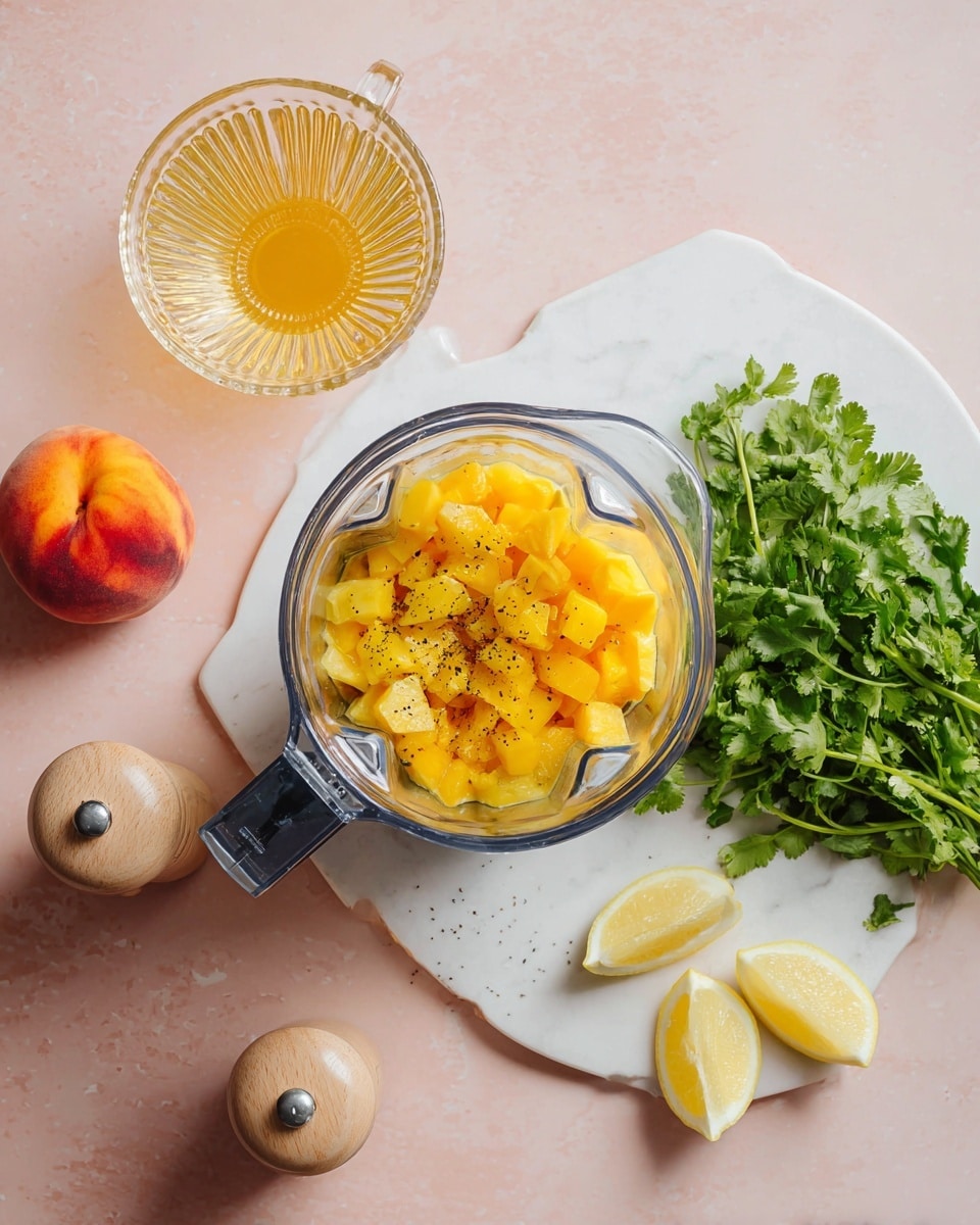 The image shows a clear blender jar filled with small bright yellow-orange fruit pieces, topped with a light sprinkling of ground black pepper on a white marbled board. To the right of the blender, there is a bunch of fresh green cilantro with vibrant leaves and stems. Above the blender, a glass container with a fluted design holds a golden yellow liquid. To the left, a ripe peach with red and orange hues sits on the white marbled surface, along with two light wooden salt and pepper shakers. On the lower right corner of the image, three lemon wedges with pale yellow rinds are placed on the same surface. Photo taken with an iphone --ar 4:5 --v 7