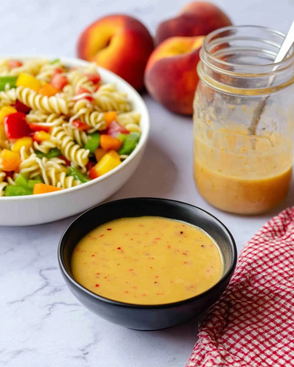A small black bowl filled with a smooth, yellowish-orange dressing with tiny red specks sits in the front center. To the right, there is a clear glass jar partly filled with the same dressing, showing a silver spoon inside it. In the back left, a white bowl holds a colorful pasta salad with rotini pasta in yellow, green, and orange, mixed with red grape tomatoes, green bell peppers, and chunks of yellow cheese. Three fresh peaches with red and yellow skin are placed behind the jar, resting on a white marbled surface. A red and white checkered cloth is partially visible at the bottom right corner. Photo taken with an iphone --ar 4:5 --v 7