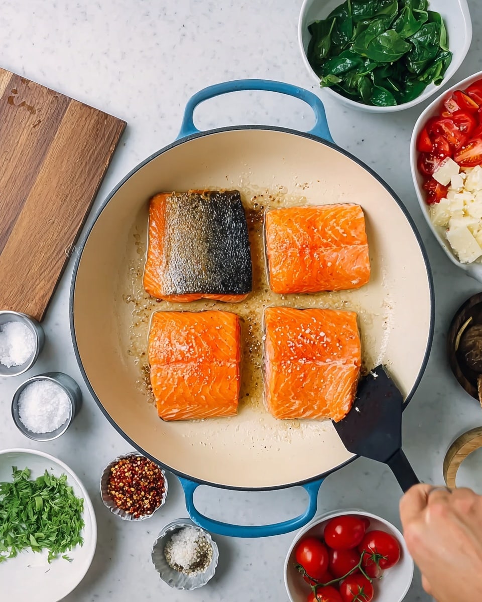 Four thick pieces of orange salmon fillets are cooking in a large, round white pan with blue handles. Two pieces are being turned by a woman's hand holding a black spatula, showing their crispy brown skin sides on the bottom left, while the other two pieces rest bright orange with smooth texture on top. Around the pan, on a white marbled surface, there are small white bowls filled with green spinach, halved red cherry tomatoes, grated white cheese, dried red chili pieces, coarse salt and pepper, and fresh green herbs. A wooden board with salt and pepper containers is on the left side. The photo taken with an iphone --ar 4:5 --v 7