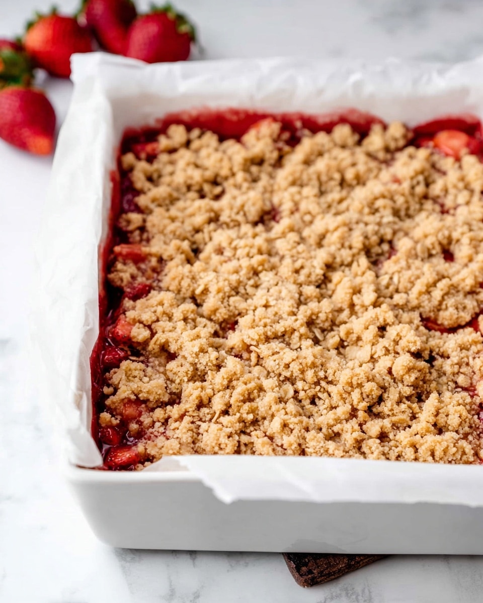 The image shows a white rectangular baking dish filled with a two-layer dessert. The bottom layer is a bright red strawberry filling that peeks slightly through the edges. The top layer is a thick, crumbly golden-brown oat topping sprinkled evenly across the dessert, giving a rough texture. The baking dish is lined with white parchment paper that folds over the edges. The dish sits on a white marbled surface with whole fresh strawberries blurred in the background. Photo taken with an iphone --ar 4:5 --v 7