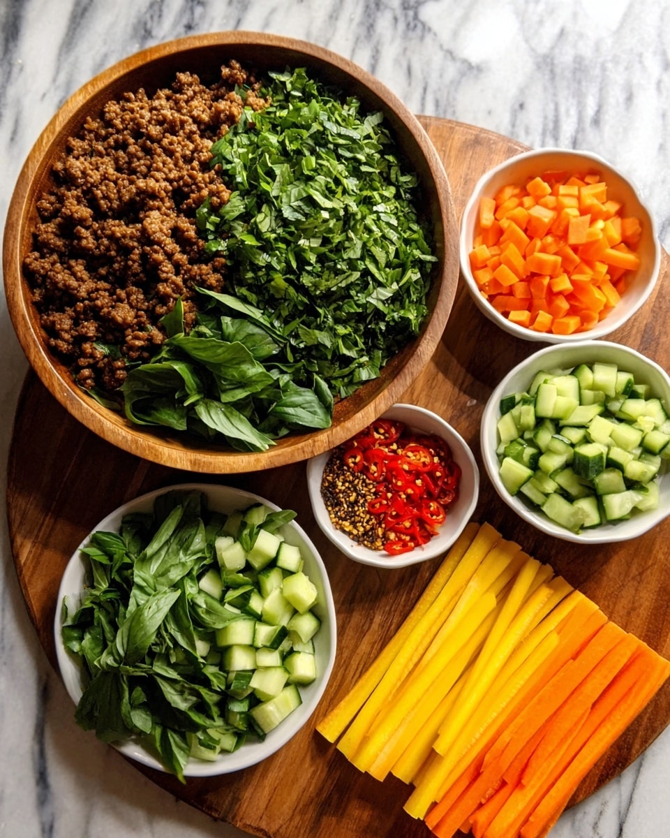 The image shows a wooden round platter on a white marbled surface with five small bowls and arranged vegetable sticks. The largest bowl in the center holds three layers: finely chopped green herbs on the top left, cooked ground meat on the bottom left, and chopped green vegetables on the right. Surrounding the main bowl are four smaller white bowls containing fresh green basil leaves, bright orange diced carrots, light green chopped cucumbers, and red chili flakes. On the wooden surface to the right of the bowls, there are thinly sliced vegetable sticks in bright orange, yellow, and green colors neatly lined up in rows. The setup is brightly lit, clean, and organized. photo taken with an iphone --ar 4:5 --v 7