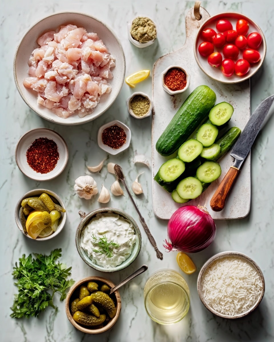 The image shows many ingredients placed on a white marbled surface: a white bowl filled with raw chopped chicken sits on the top left, next to a small white bowl of cherry tomatoes. Nearby, there are two small white bowls with red and brown spices. In the middle, a white cutting board holds several slices of cucumber and a knife with a wooden handle. To the right, there is a halved red onion and two garlic cloves. Fresh green herbs and a white bowl of white rice are below the chicken bowl. A small white bowl of yogurt is near the rice. On the bottom left, there is a small bowl with pickles and a lemon wedge, and on the bottom right, a glass of a light-colored drink. The image is well lit and arranged neatly. photo taken with an iphone --ar 4:5 --v 7