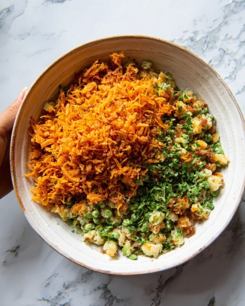 The image shows a white bowl placed on a white marbled surface filled with a dish that has two main layers. The bottom layer consists of small, chopped cooked pieces of a pale beige food mixed with chopped green herbs. On top of this is a thick layer of finely shredded, bright orange food that covers about half of the bowl. There is a woman's hand holding the bowl slightly on the left side. Photo taken with an iphone --ar 4:5 --v 7