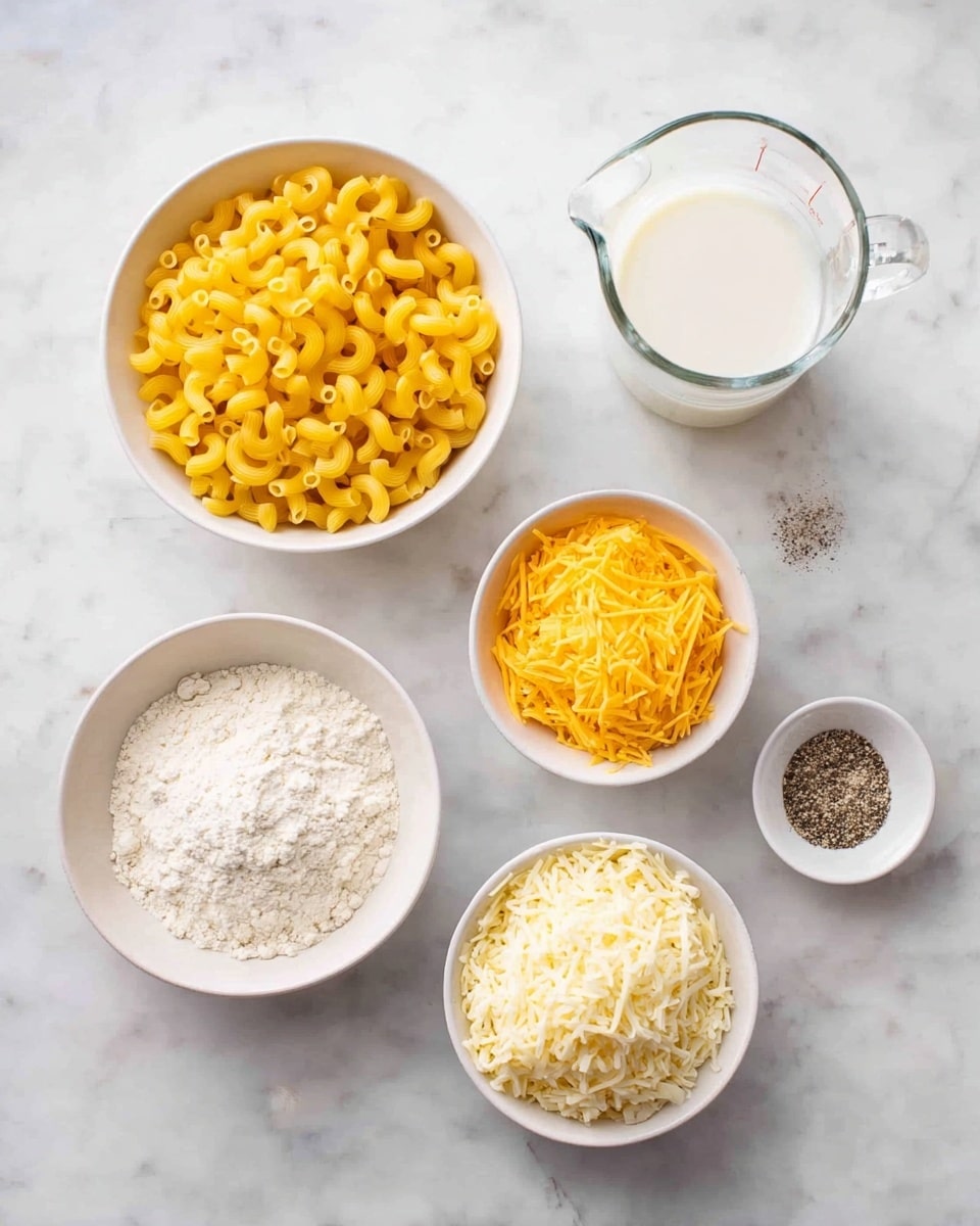 A top view shows six small white bowls placed on a white marbled surface, arranged in a loose circular pattern. The top left bowl holds small curved macaroni pasta, bright yellow in color, filling the bowl fully. To its right is a clear glass measuring cup with white milk, nearly full. Next to it, a white bowl contains shredded cheddar cheese, a vibrant orange-yellow with a soft texture. Below the macaroni is a white bowl with white flour, fine and powdery, holding about half a cup. In the center is a smaller white bowl filled with shredded mozzarella cheese, white and fluffy, overflowing slightly. The last small white bowl on the bottom right has a mix of white salt and black pepper, with the pepper ground coarsely on one side. The overall look is clean and organized against the white marbled background photo taken with an iphone --ar 4:5 --v 7