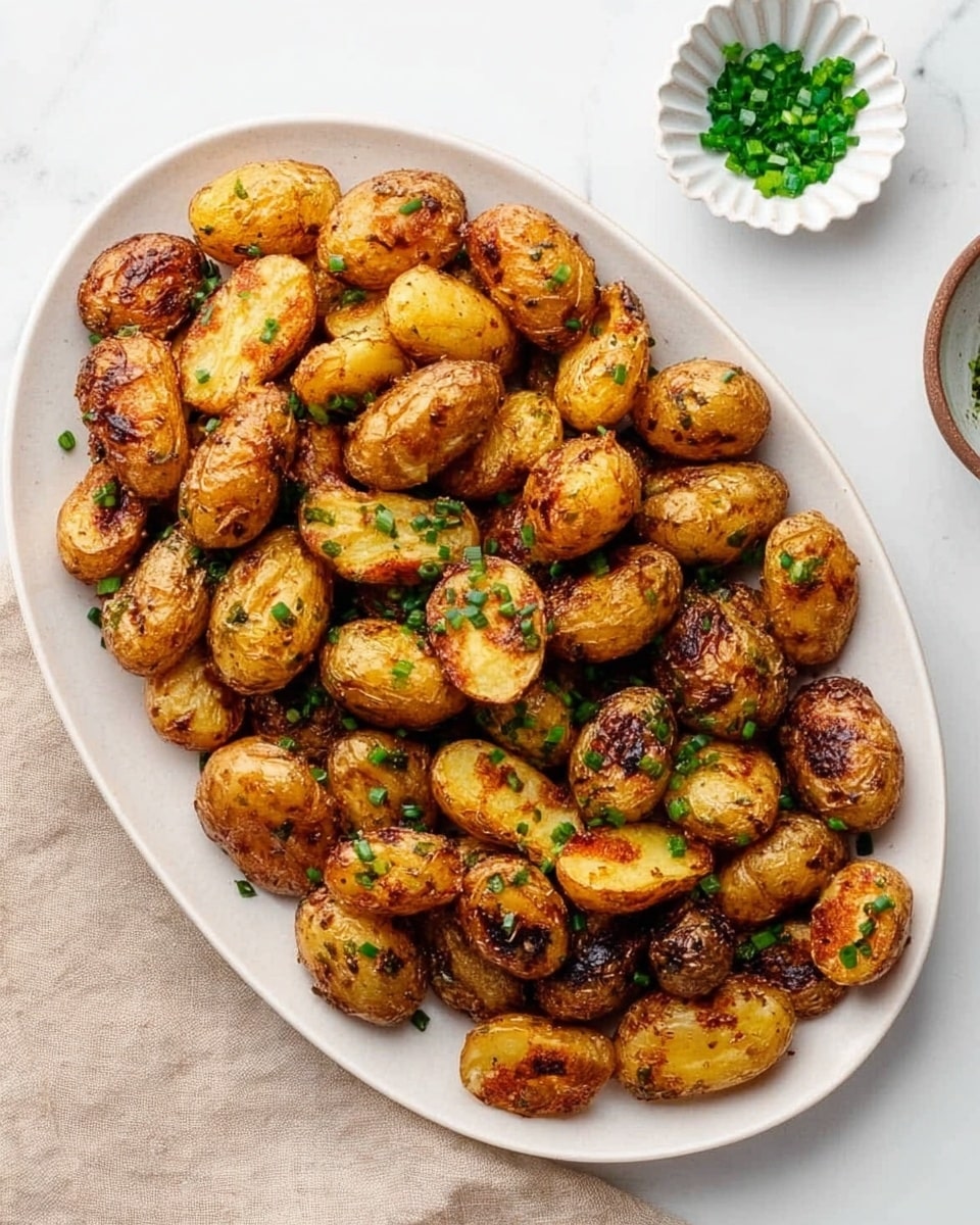 An oval white plate filled with many small roasted potatoes with a golden-brown crispy skin, sprinkled with small pieces of bright green chopped chives. The potatoes have a slightly rough texture with some darker roasted spots, and the plate is placed on a white marbled surface. A small white scalloped bowl with chopped chives is placed on the top right corner of the image, and a beige cloth napkin is partially visible on the left side. Photo taken with an iphone --ar 4:5 --v 7