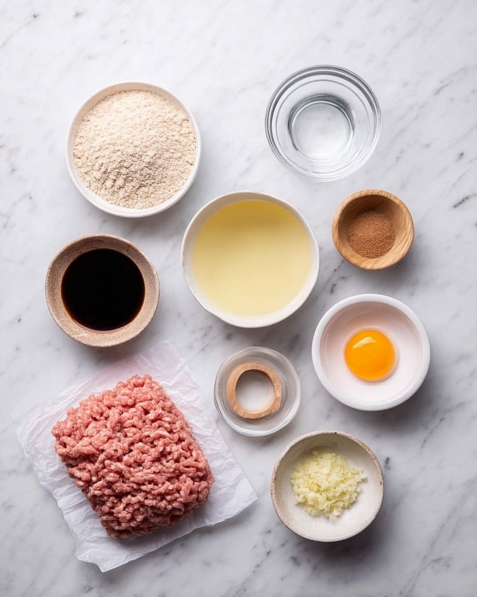 The image shows several small white bowls and containers arranged on a white marbled surface. From the top left, there is a white bowl with a pale yellow liquid, next to it a white bowl with a thick dark sauce, and a white bowl with light brown sugar. Below these are a white bowl with white powder, a small white bowl with ginger and garlic paste, and a clear glass cup with water. On the left side, there is a portion of light pink raw ground meat placed on a white paper. In the center, there is a small ring of salt. Finally, at the bottom right, there is a white bowl filled with light beige breadcrumbs. The overall setup looks clean and organized, ready for cooking preparation. photo taken with an iphone --ar 4:5 --v 7