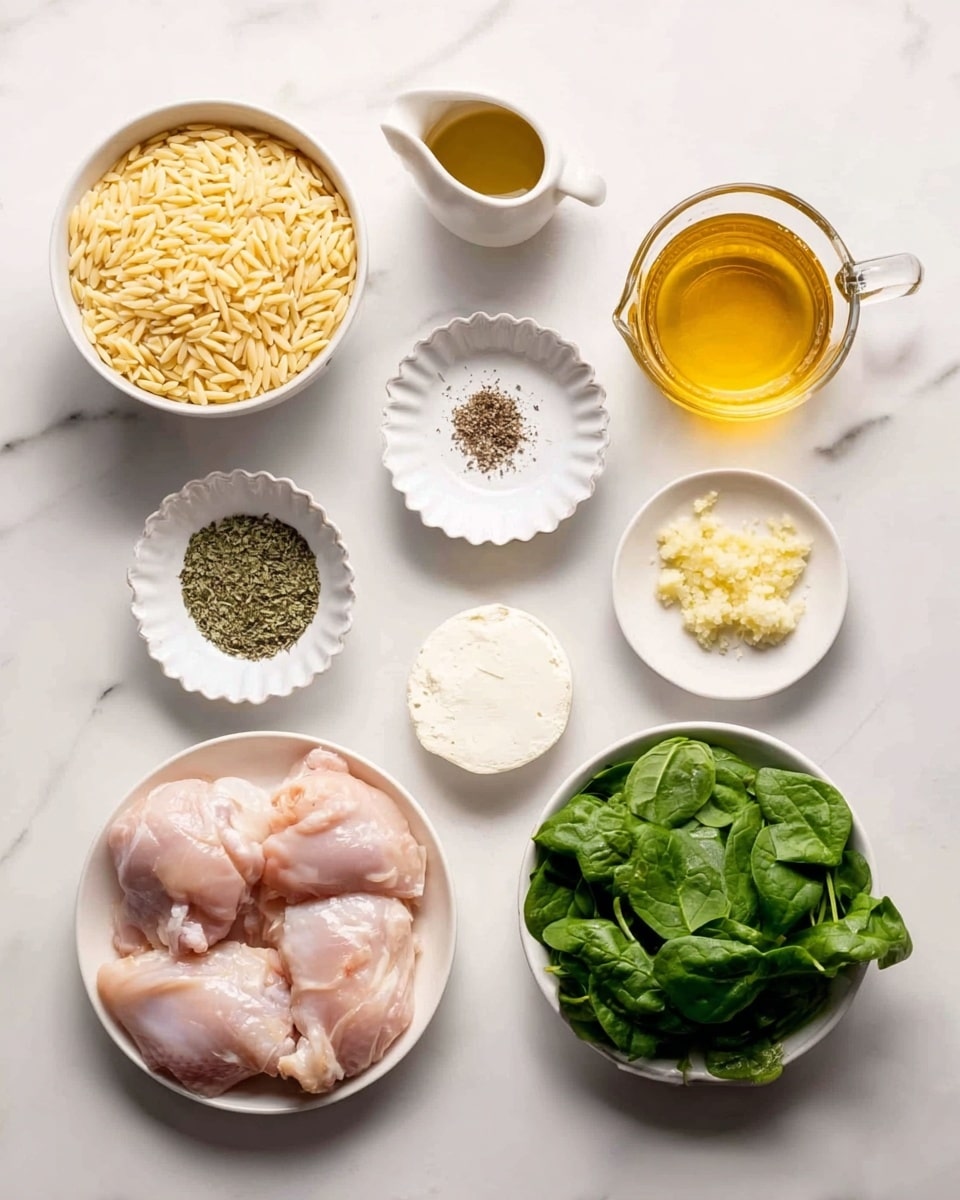 The image shows various ingredients arranged neatly on a white marbled surface. From top left, there is a white bowl filled with uncooked orzo pasta with a pale yellow color. Next is a small white jug containing light golden olive oil. To the right, on a small white plate, there is minced garlic with a light yellowish color. Below that, a clear glass measuring cup holds a golden broth. In the middle row, a white scalloped bowl has a mix of white salt and black pepper, next to a small white bowl with green dried herbs. Below these, there is a round white dish with a soft white cheese. On the right side, a white bowl is full of fresh green spinach leaves. At the bottom left, there is a white plate with several raw pale pink chicken thighs. All items are spaced evenly, and the clean white marbled surface adds a fresh and bright look to the arrangement. Photo taken with an iphone --ar 4:5 --v 7
