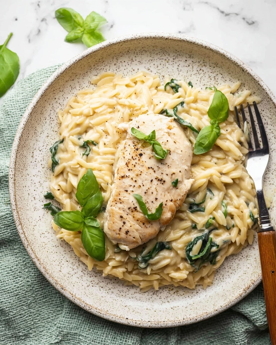 A round white speckled plate holds a creamy orzo pasta base with a smooth, light beige sauce mixed with small green spinach leaves. On top sits a single piece of pale cooked chicken, lightly seasoned with black pepper. Fresh green basil leaves are scattered on the pasta and chicken for color contrast. A fork with a wooden handle rests on the right side of the plate, partially on the orzo. The plate is placed on a textured, light green cloth on a white marbled surface. Photo taken with an iphone --ar 4:5 --v 7