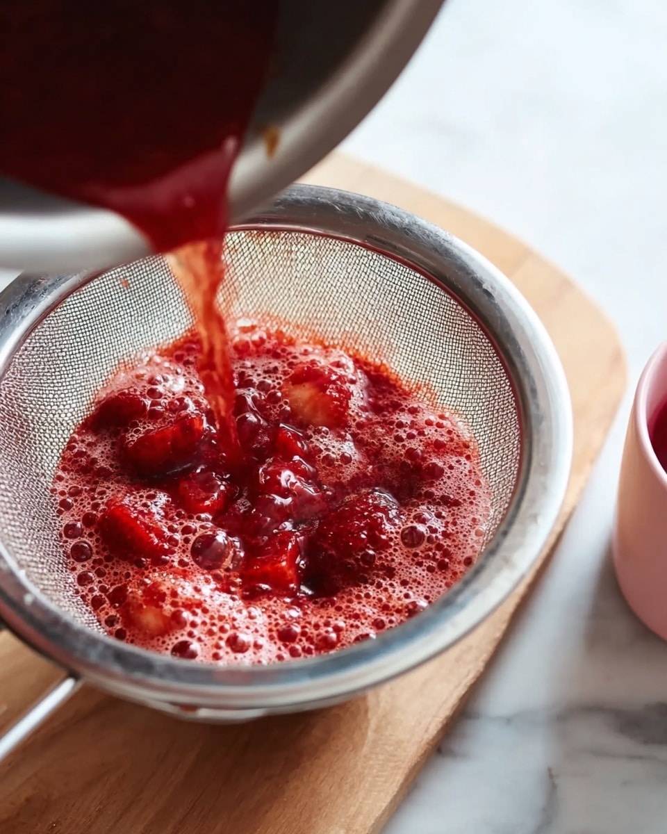 The image shows bright red cooked strawberries with foam being poured from a metal pot through a fine mesh strainer. The strawberries and juice are pooling in the silver strainer, showing a mix of solid fruit pieces and bubbles in the juice. The scene is on a white marbled surface with a light wooden board beneath the strainer, and part of a pink cup is visible on the right side. The focus is on the strainer and the rich red fruit mixture flowing into it photo taken with an iphone --ar 4:5 --v 7