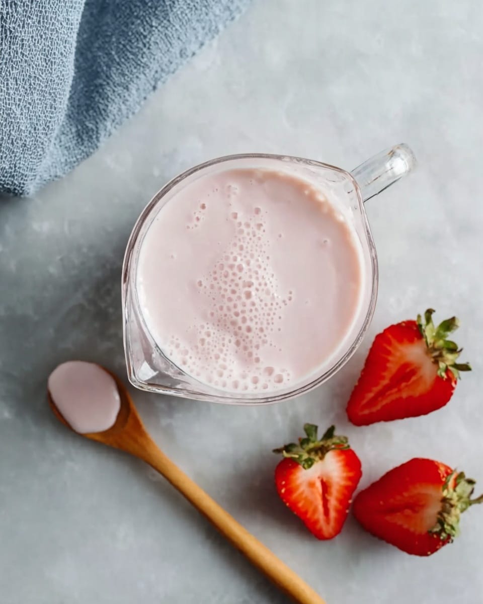 The image shows a clear glass jug filled with a pale pink, creamy liquid with small bubbles on top. Around the jug are four bright red strawberry halves with their green tops still attached, placed on a white marbled surface. A wooden spoon with some of the pink liquid on it lies nearby. In the top left corner, there is a folded blue-gray cloth adding a soft texture to the scene. The overall look is fresh and simple, with subtle color contrasts between the white marble, red strawberries, and the light pink drink. Photo taken with an iphone --ar 4:5 --v 7