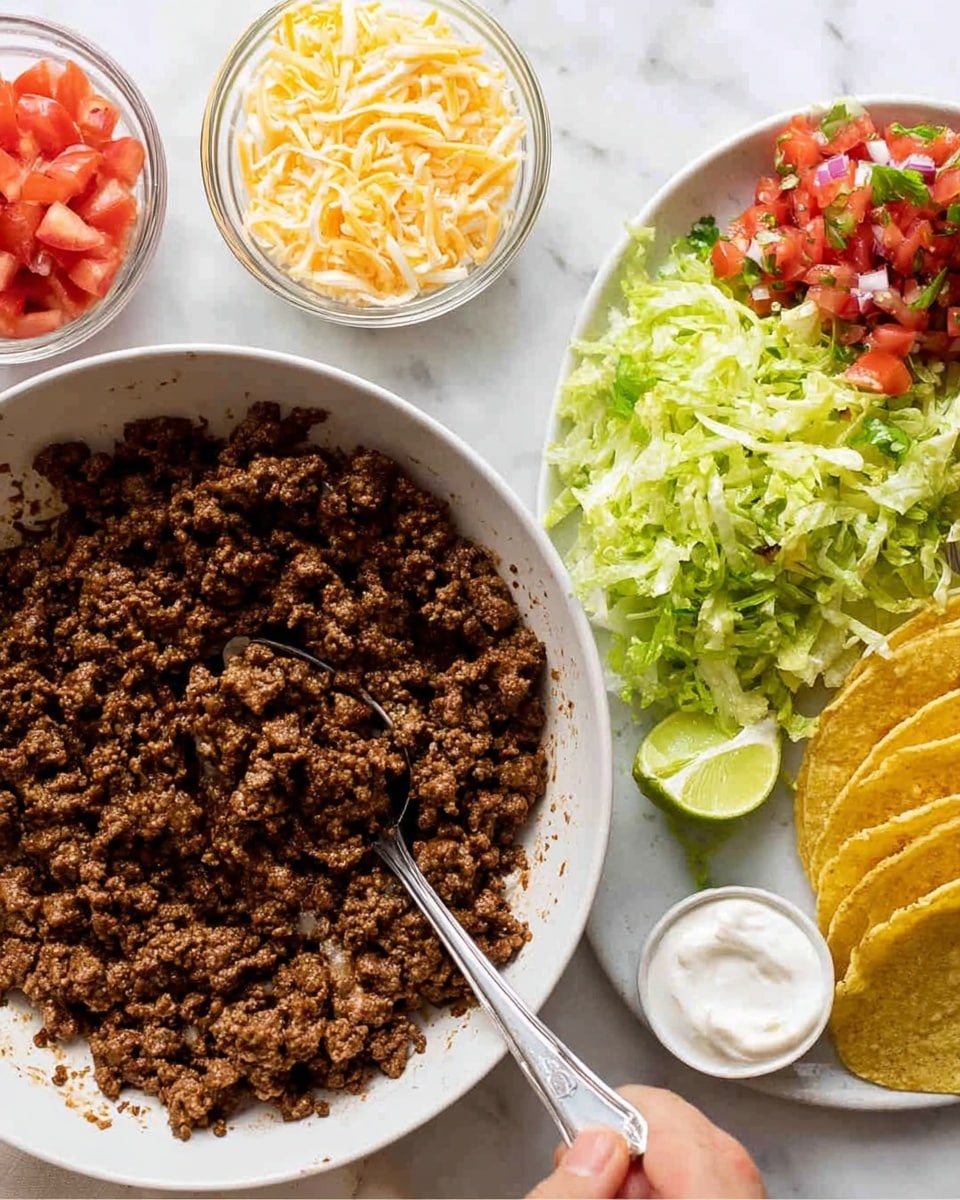 The image shows a white bowl filled with cooked ground beef, dark brown in color with a crumbly texture, and a silver spoon inside the bowl. To the right, there is a white plate on a white marbled surface holding several taco ingredients neatly arranged: shredded light yellow cheese in a glass bowl at the top left, chopped light green lettuce with red bits on the right half, diced red tomatoes in a glass bowl at the bottom left, a small white bowl of white sour cream next to the tomatoes, and several lime wedges placed above the sour cream. There are also three yellow taco shells at the top right corner of the plate. A woman's hand is holding the spoon in the ground beef bowl. Photo taken with an iphone --ar 4:5 --v 7