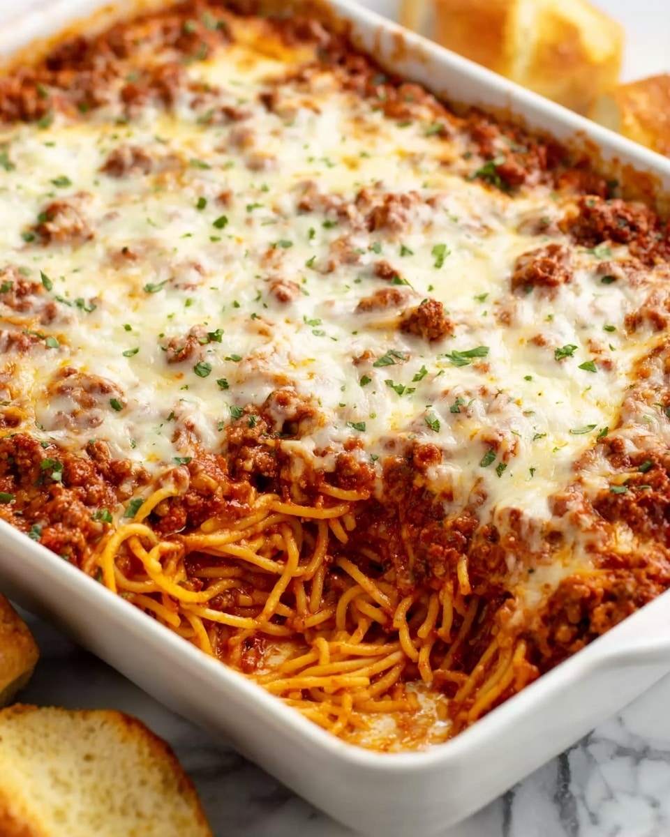 A close-up view of a white rectangular baking dish filled with a layered spaghetti casserole. The bottom layer shows cooked spaghetti noodles in a rich red tomato sauce mixed with browned ground meat, topped with a thick, even layer of melted white cheese sprinkled lightly with small green herb pieces. One corner of the casserole is scooped out, exposing both noodle and meat layers beneath the cheese top. The dish rests on a white marbled surface, with pieces of bread visible partially in the corner. Photo taken with an iphone --ar 4:5 --v 7