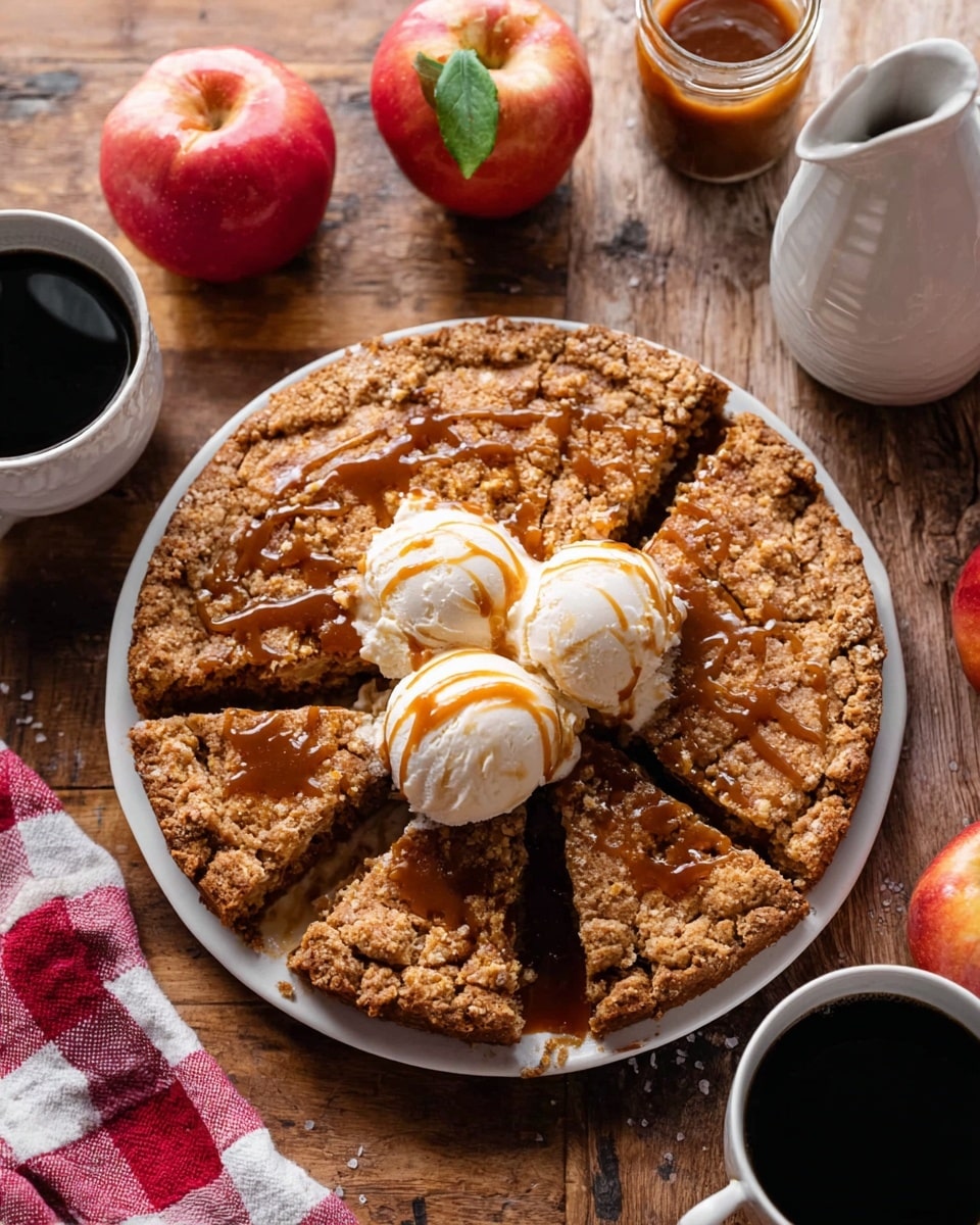 A white round plate holds a large oat cake sliced into eight pieces with a golden brown, crumbly texture. On top of the cake, there is a light caramel drizzle adding a shiny, smooth surface. In the center of the cake, three scoops of vanilla ice cream with a creamy, white texture are stacked together. The plate is placed on a wooden surface, surrounded by two white cups filled with black coffee, two red apples with green leaves, a jar filled with caramel sauce, and a red and white checkered cloth to the side. Photo taken with an iphone --ar 4:5 --v 7