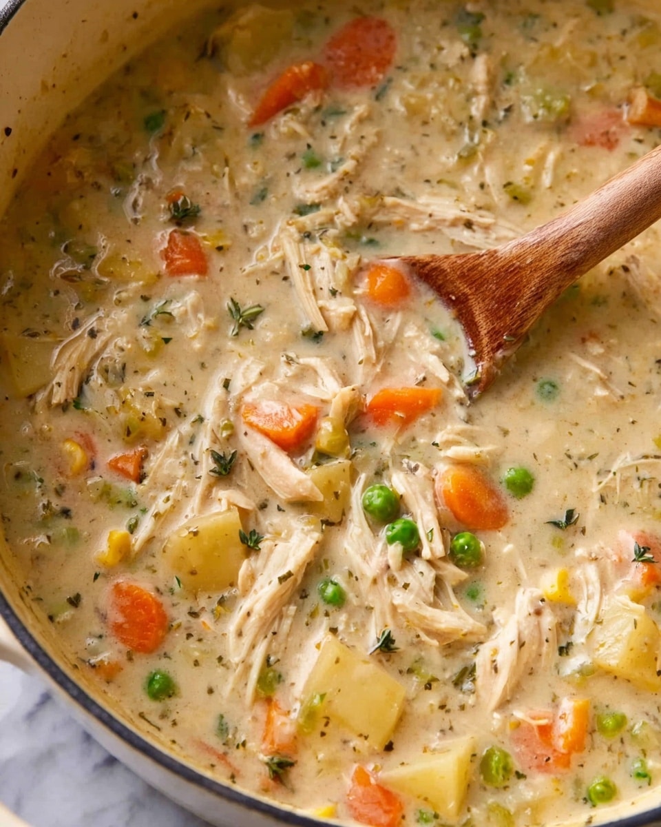 The image shows a close-up of a creamy chicken and vegetable soup in a white pot. The soup has a thick texture with visible pieces of shredded chicken, orange carrot slices, green peas, yellow potato chunks, and small bits of herbs, all mixed in a light beige creamy broth. A wooden spoon is partially submerged in the soup, stirring the ingredients gently. The background surface is a white marbled texture. photo taken with an iphone --ar 4:5 --v 7