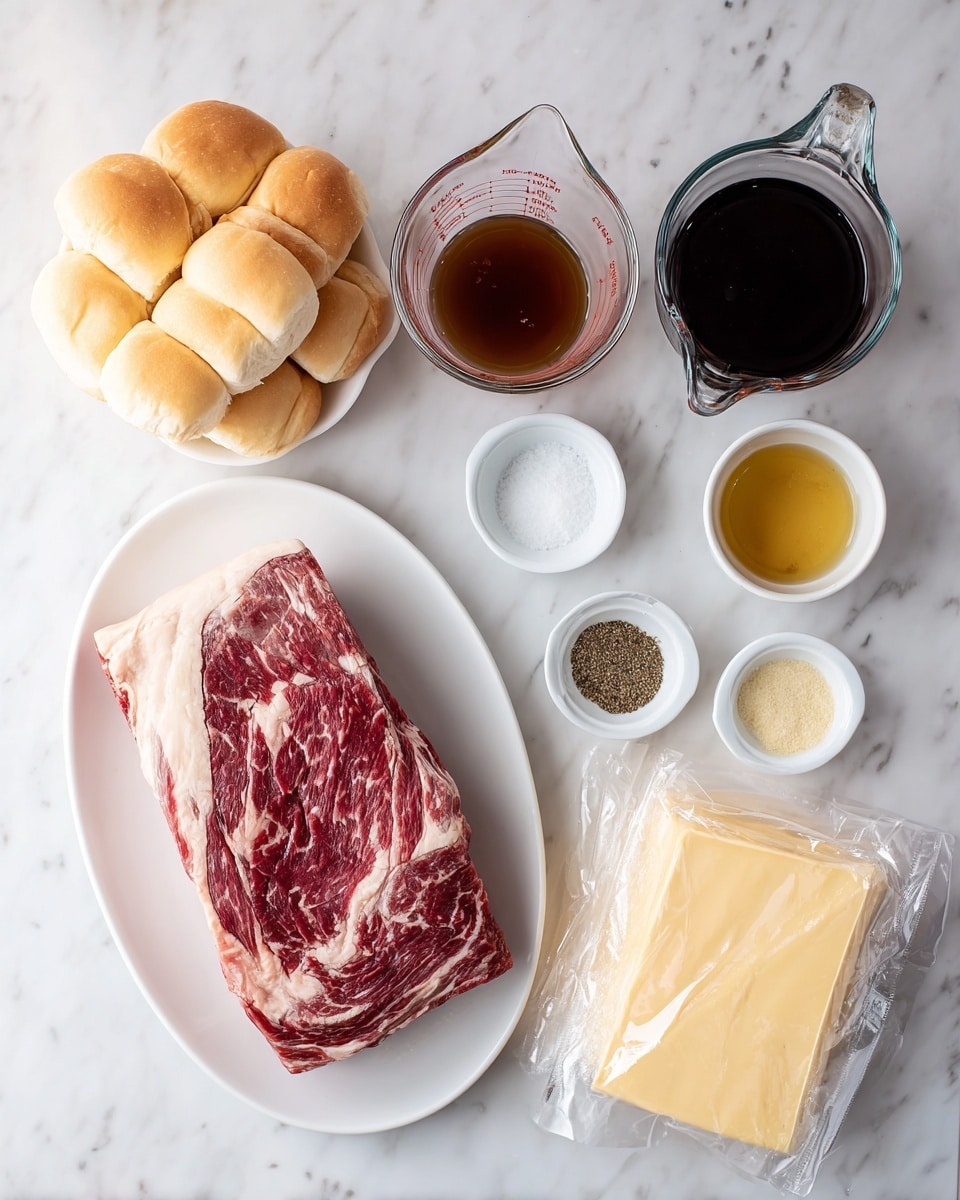 The image shows ingredients laid out on a white marbled surface. At the center left is a thick piece of raw beef with red and white marbled fat on a white oval plate. Above it to the top left is a clear glass measuring cup with a brown liquid inside. To its right are two more measuring cups, one larger with a very dark liquid and one smaller with a slightly lighter dark liquid. Below these are three small white bowls containing salt, black pepper, and a yellow powder. At the bottom left is a pack of several light golden sandwich rolls wrapped in clear plastic. To the right of the rolls is a clear plastic pack of pale yellow sliced cheese arranged in a neat stack. photo taken with an iphone --ar 4:5 --v 7