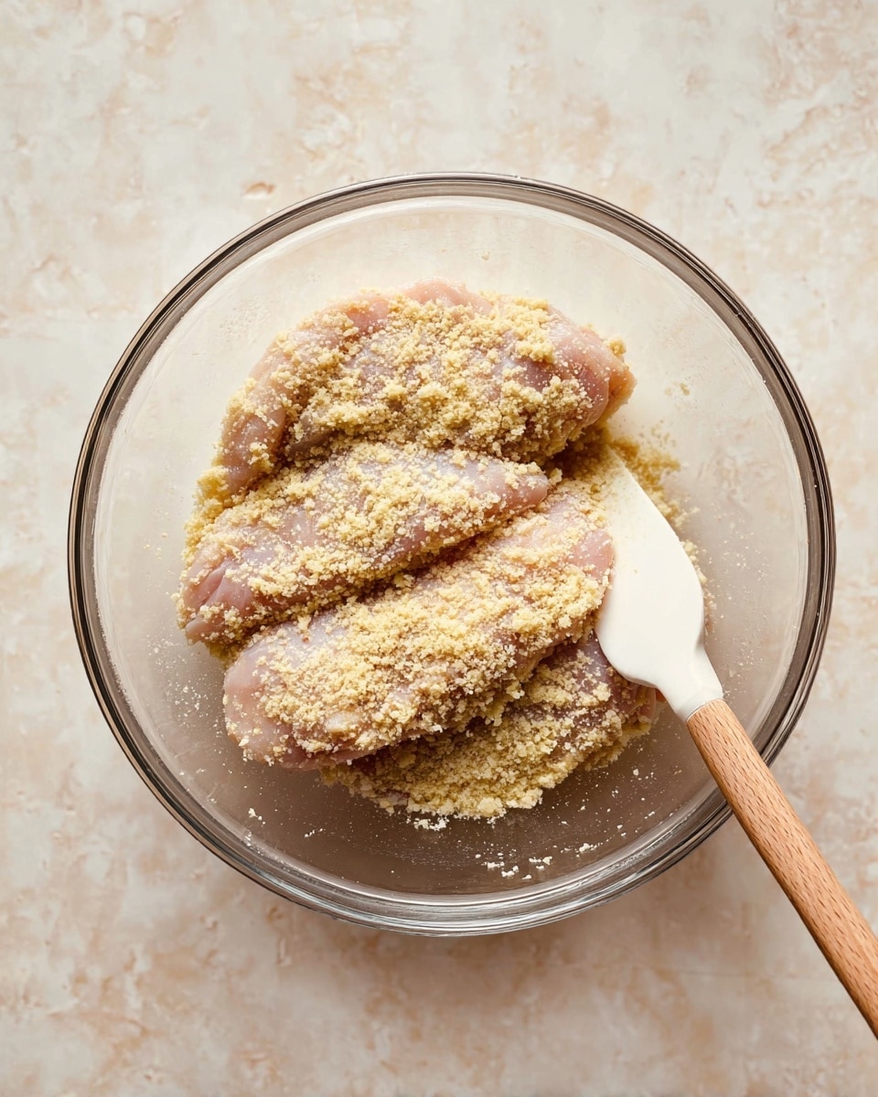 A clear glass bowl contains three large pieces of raw chicken, each covered with a pale yellow crumbly mixture, likely made of breadcrumbs and seasoning. The chicken pieces lie flat and slightly overlap each other inside the bowl. A white spatula with a long wooden handle rests inside the bowl, positioned at the lower right, with its edge touching the chicken. The bowl is placed on a white marbled textured surface. photo taken with an iphone --ar 4:5 --v 7
