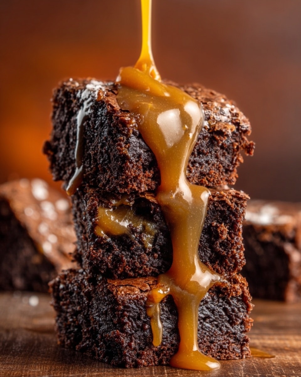 The image shows three stacked dark chocolate brownies with a rich, moist texture. The top brownie is being drizzled with a thick, glossy caramel sauce that flows down the sides, creating a shiny golden layer over the dark brown surface. The stack is placed on a wooden surface, with a blurred, warm background. There is no visible plate or bowl. The photo is close up, emphasizing the contrast between the dark, dense brownies and the smooth, bright caramel sauce. Photo taken with an iphone --ar 4:5 --v 7