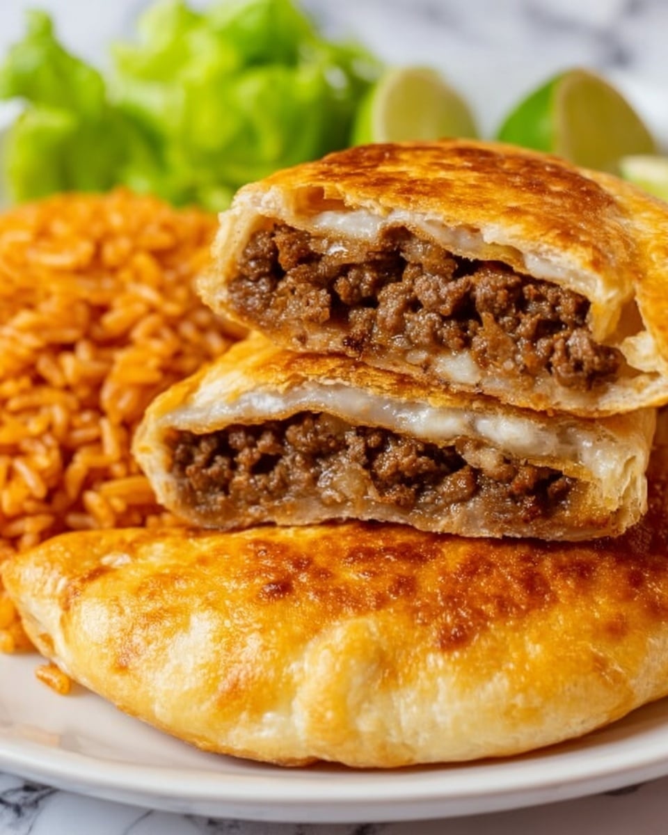 The image shows a close-up of two golden brown pastries, one stacked on top of the other. The top pastry is cut open horizontally, revealing three layers inside: a soft, light beige bread layer on the outside, a thick and generous middle layer of cooked ground meat with a slightly oily texture, and a thin layer of melted cheese close to the bread. The pastries sit on a white plate with a side of cooked rice that looks fluffy and orange in color. In the background, there is a small portion of green lettuce and a lime wedge, adding color contrast. The setting is a white marbled surface. photo taken with an iphone --ar 4:5 --v 7