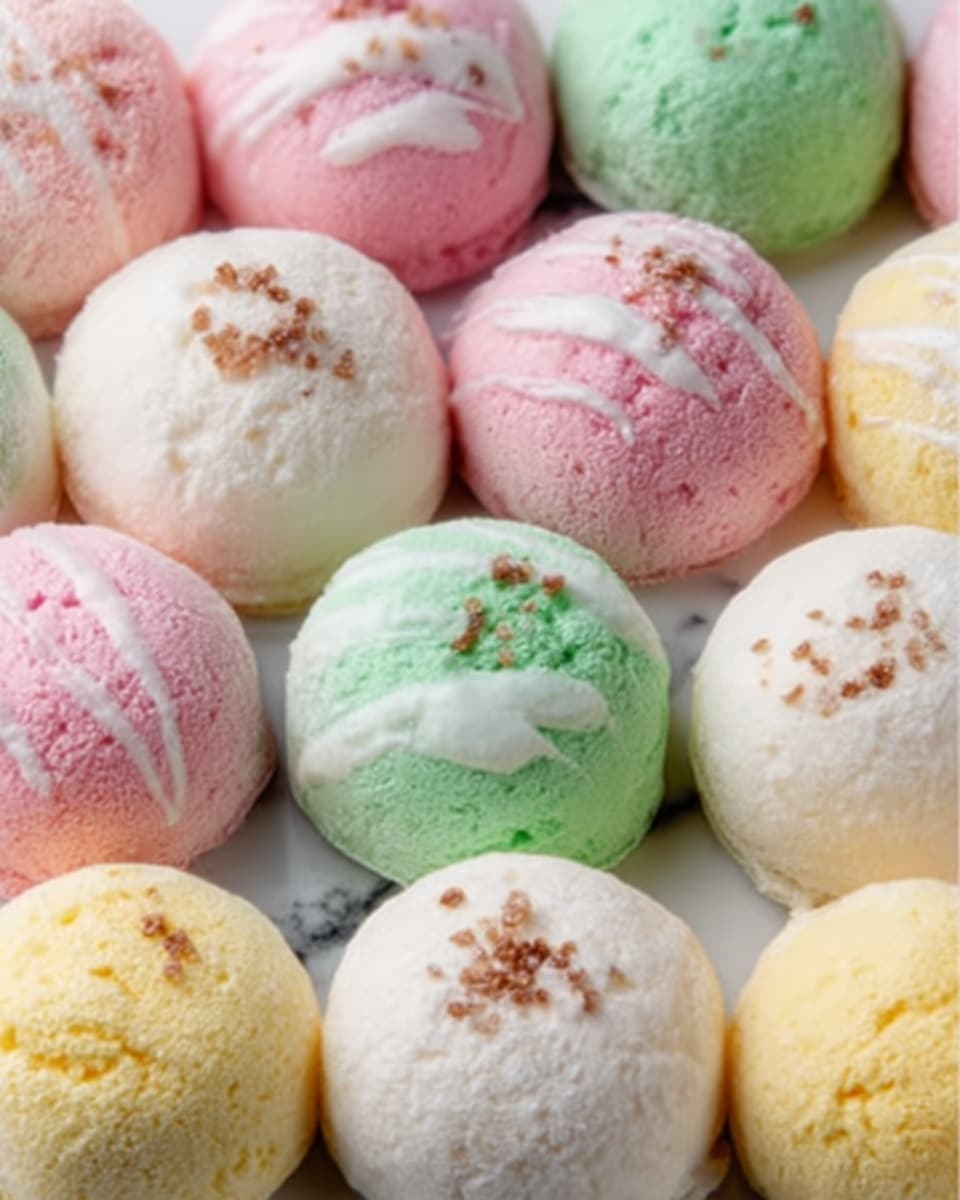 The image shows many colorful mochi ice cream balls arranged close together on a white marbled surface. There are soft pastel colors including pink, green, yellow, and white. Some mochi have a smooth surface, while others have a topping of white drizzle and small brown sprinkles on top. The texture of mochi appears soft and slightly powdery on the outside. The colors and shapes make the mochi look fresh and inviting. photo taken with an iphone --ar 4:5 --v 7