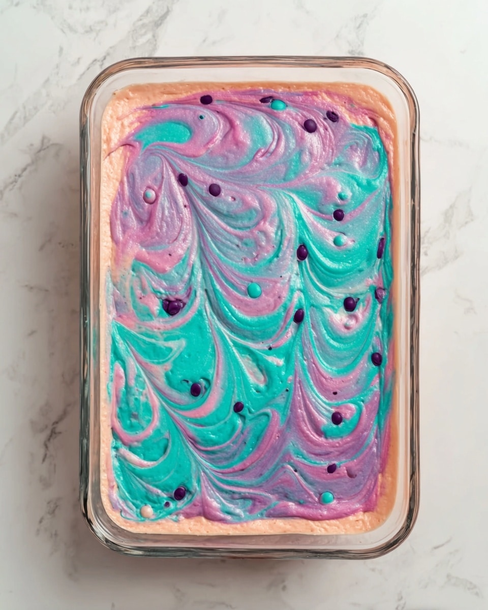 A rectangular clear glass dish filled with a two-layered swirled cake batter. The base layer is a light peach color, while the top layer is swirled with shades of teal and purple, creating a marbled look with soft curved patterns. Scattered evenly on the surface are small dark round bits, likely berries, embedded throughout both colors. The dish sits on a white marbled surface, and the overall look is vibrant and colorful. photo taken with an iphone --ar 4:5 --v 7