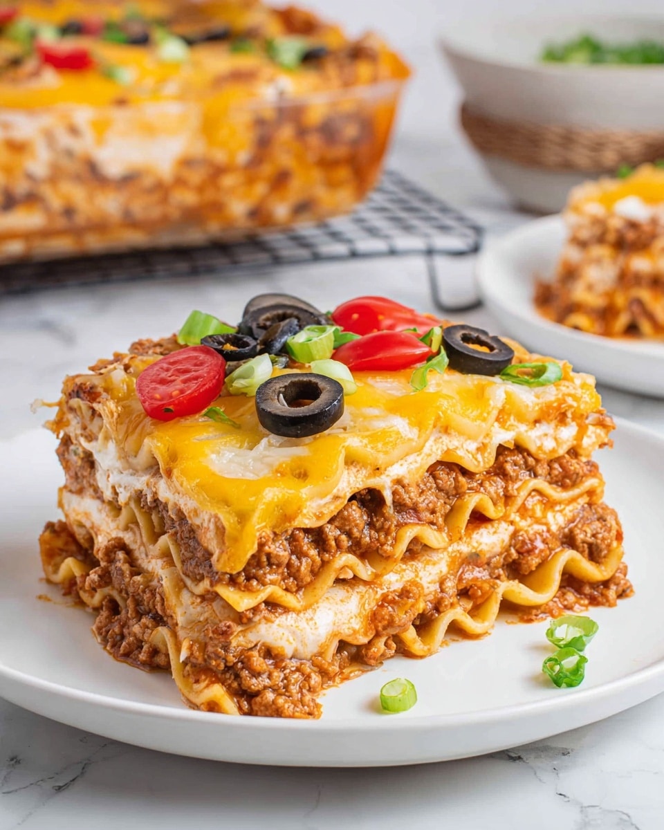 A square piece of lasagna sits on a white plate over a white marbled surface, showing multiple layers of wavy pasta sheets alternating with thick brown meat sauce and creamy white cheese layers. The top is covered with melted yellow and white cheese, and garnished with small red tomato pieces, black olive slices, and chopped green onions. In the background, there is a similar piece on another white plate and a cooling rack holding the rest of the lasagna. photo taken with an iphone --ar 4:5 --v 7