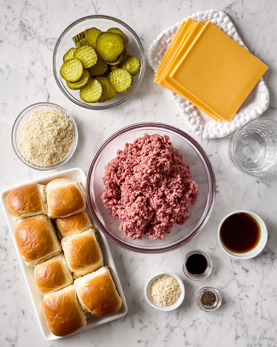 The image shows ingredients for making burgers laid out on a white marbled surface. There is a clear glass bowl in the center filled with raw ground beef, surrounded by several other items. To the top right, there is a stack of yellow cheese slices with a smooth texture, neatly placed. On the top left, there is a small clear bowl filled with green pickle slices. To the bottom left, a white rectangular tray holds soft, golden brown slider buns arranged in two rows. Around the bowls and tray, there are small white dishes containing light brown breadcrumbs, black pepper, a dark brown liquid sauce, and a clear glass of water. The scene is organized, and the colors of the ingredients stand out against the white marbled background. Photo taken with an iphone --ar 4:5 --v 7