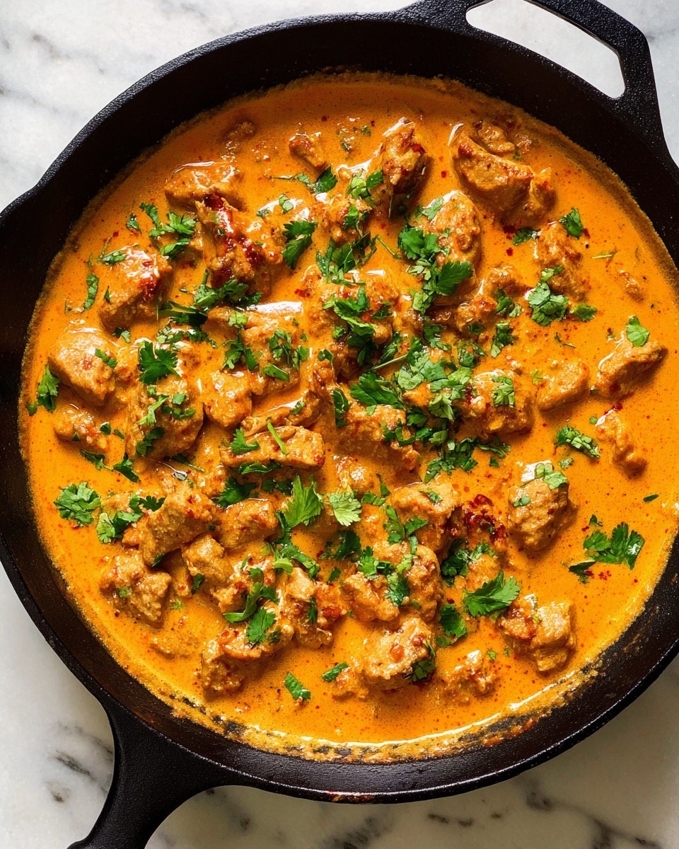 A black cast iron pan filled with a rich orange creamy sauce covering many pieces of browned chicken. The chicken pieces are medium-sized, scattered evenly in the sauce with some light char marks visible. Bright green cilantro leaves are sprinkled on top, adding a fresh contrast to the warm sauce. The dish sits on a white marbled surface. Photo taken with an iphone --ar 4:5 --v 7