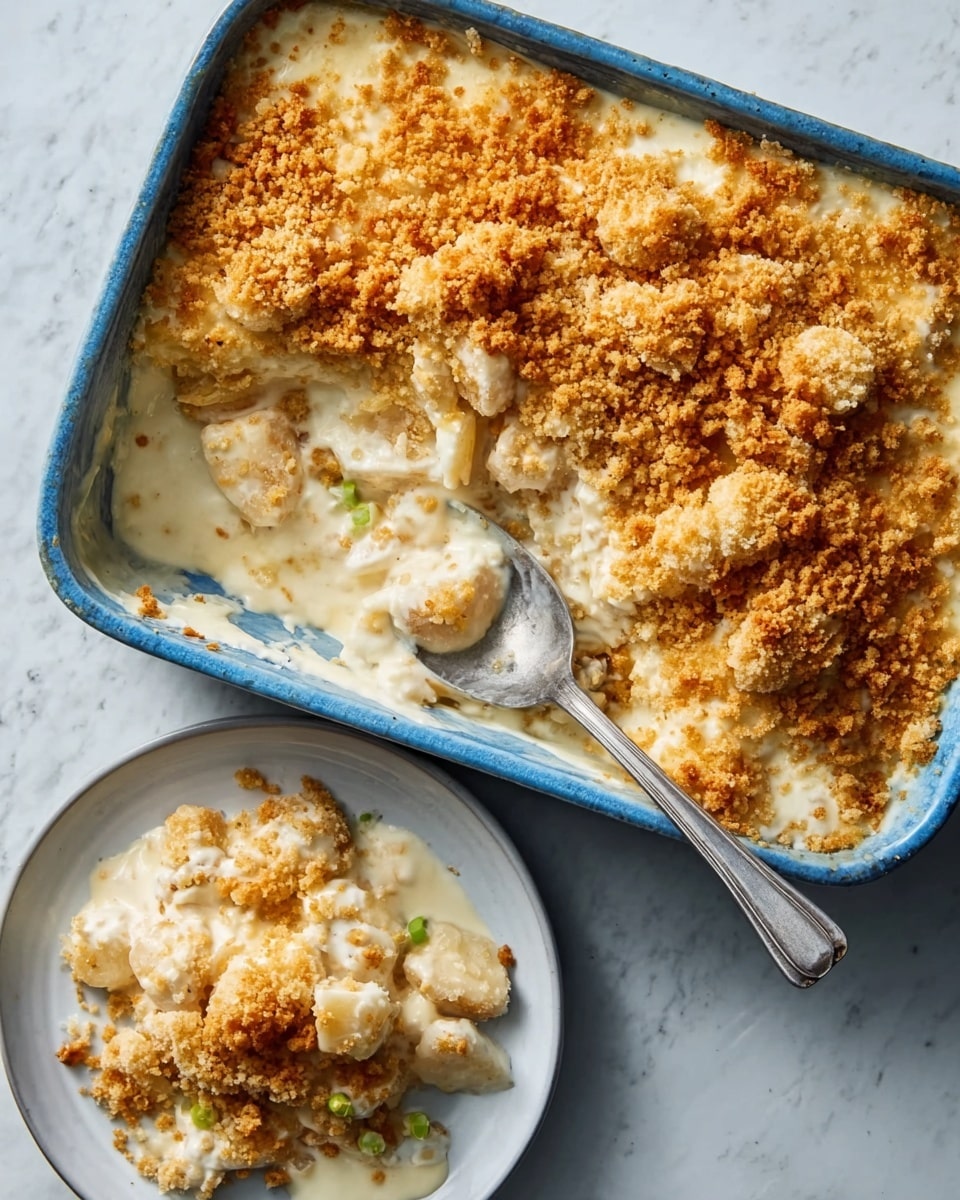 The image shows a blue baking dish filled with a creamy casserole that has a golden-brown crumb topping. The casserole looks thick and rich with a smooth creamy layer beneath the crunchy top, containing visible small pieces of white chunks throughout. Next to the dish is a white plate with a scoop of the casserole, showing the creamy interior mixed with bits of the topping. A spoon rests in the casserole, and a woman’s hand holds the plate near the dish. The surface is a white marbled texture. photo taken with an iphone --ar 4:5 --v 7
