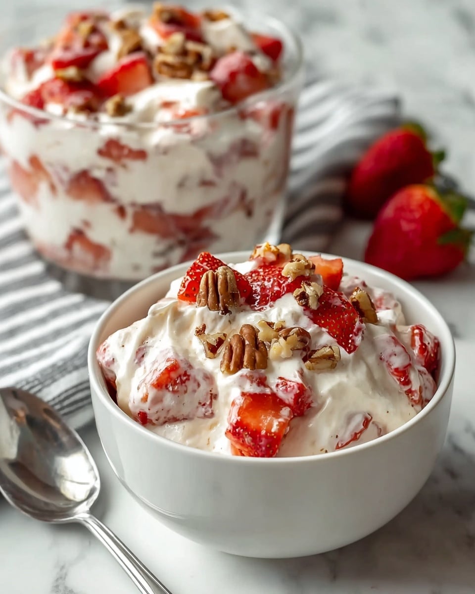 A white bowl filled with a creamy mixture of thick white whipped cream layered with bright red strawberry pieces and topped with whole light brown pecans, showcasing glossy, fresh texture and scattered nut pieces. Behind it, a clear glass bowl shows more layers of the same mixture with visible chunks of strawberries and nuts, all set on a white marbled surface with a striped cloth underneath and a shiny metal spoon beside the bowl. The photo taken with an iphone --ar 4:5 --v 7