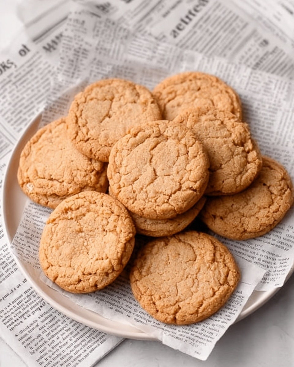 A white plate on a white marbled surface holds eight round cookies arranged in a loose circle and overlapping slightly. The cookies are golden brown with a slightly rough texture on top, showing tiny cracks and a baked surface that looks soft but firm. Underneath the cookies is a paper that looks like printed newspaper. The photo has soft natural light, highlighting the warm color and texture of the cookies. photo taken with an iphone --ar 4:5 --v 7