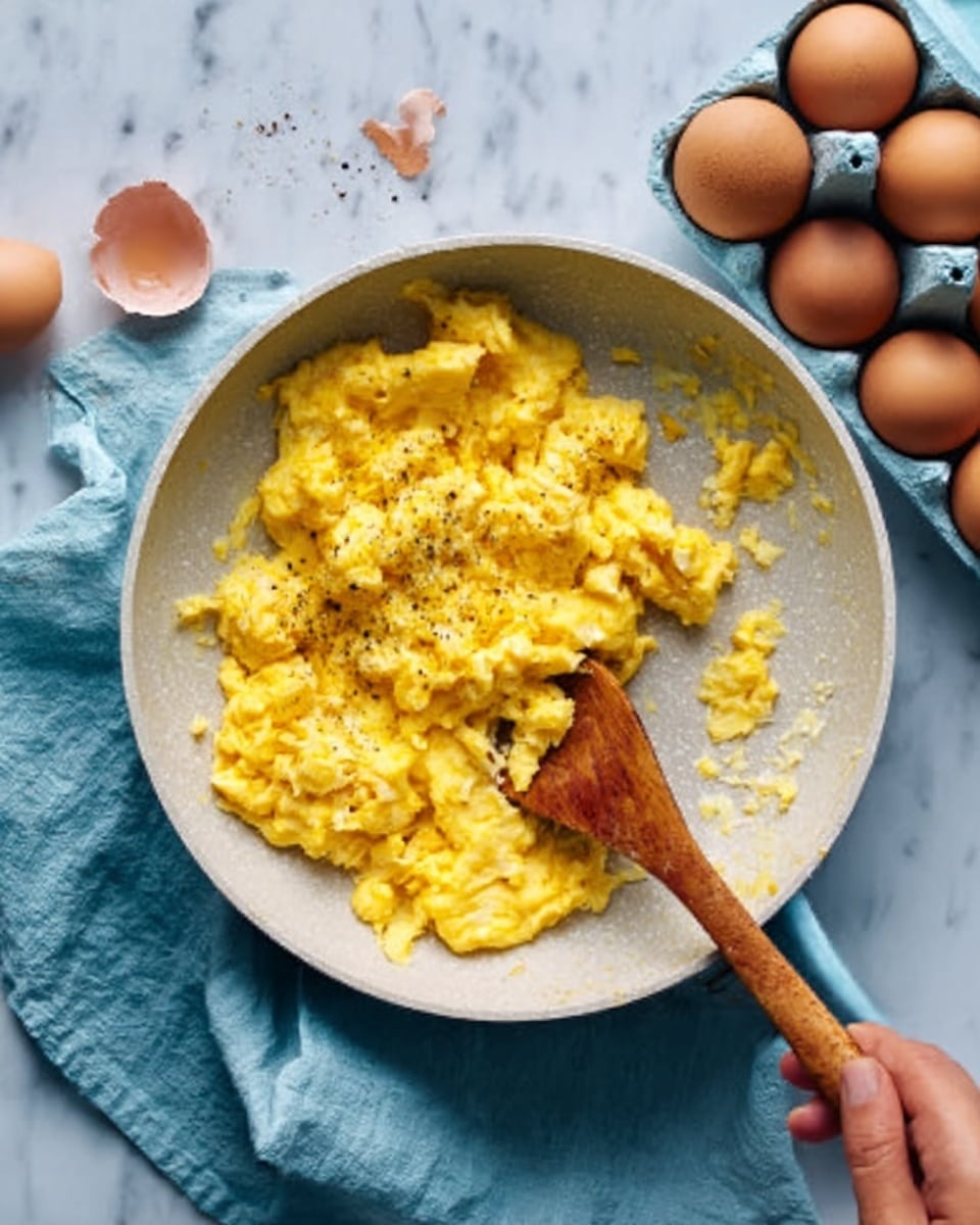 A white pan filled with bright yellow scrambled eggs featuring soft, slightly creamy texture with small curds. The eggs have a few black pepper specks on top. A wooden spoon with a woman's hand holding it rests inside the pan, which is placed on a white marbled surface. Next to the pan, there is a light blue cloth and a carton holding several brown eggs, some whole and some cracked open. Photo taken with an iphone --ar 4:5 --v 7