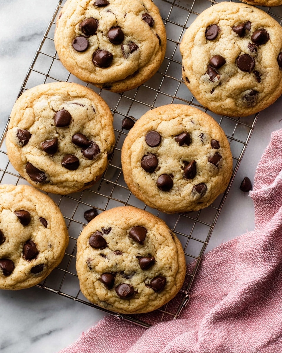 A close-up of six round chocolate chip cookies resting on a metal cooling rack over a white marbled surface. Each cookie is golden brown with a soft, slightly puffy texture and dotted generously with large, dark brown chocolate chips that sit slightly melted on the surface. The cookies are arranged with some overlapping slightly. To the right side of the frame, a pink textured cloth is visible on the white marbled surface. photo taken with an iphone --ar 4:5 --v 7
