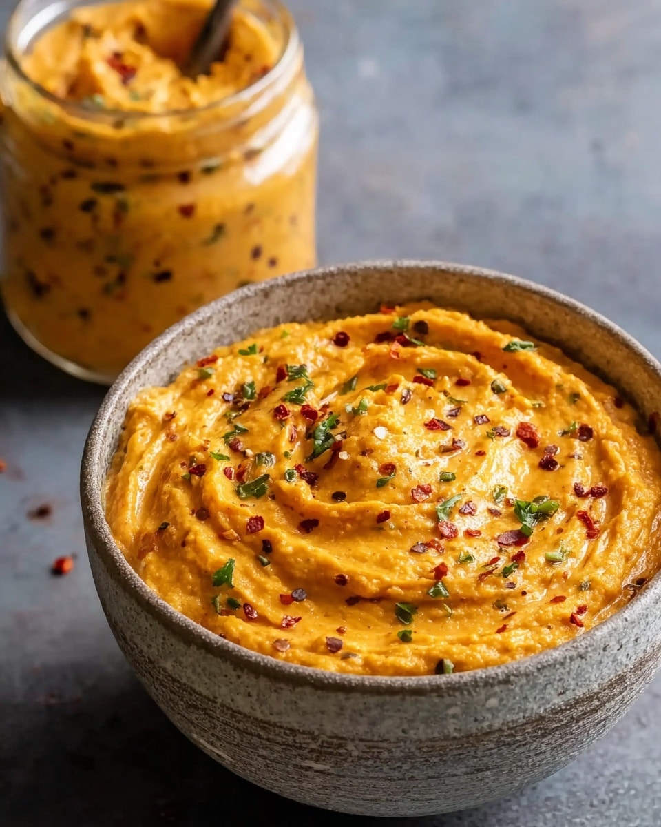The image shows a bowl filled with thick, creamy orange spread with small dark specks throughout, giving it a textured look. The spread fills the bowl almost to the top, with visible swirls on the surface. There are small green herb pieces and red pepper flakes scattered evenly across the top layer, adding color contrast. The bowl is round and gray with a rough texture on the outside. In the background, there is a glass jar filled with the same orange spread, sitting on a gray surface. photo taken with an iphone --ar 4:5 --v 7