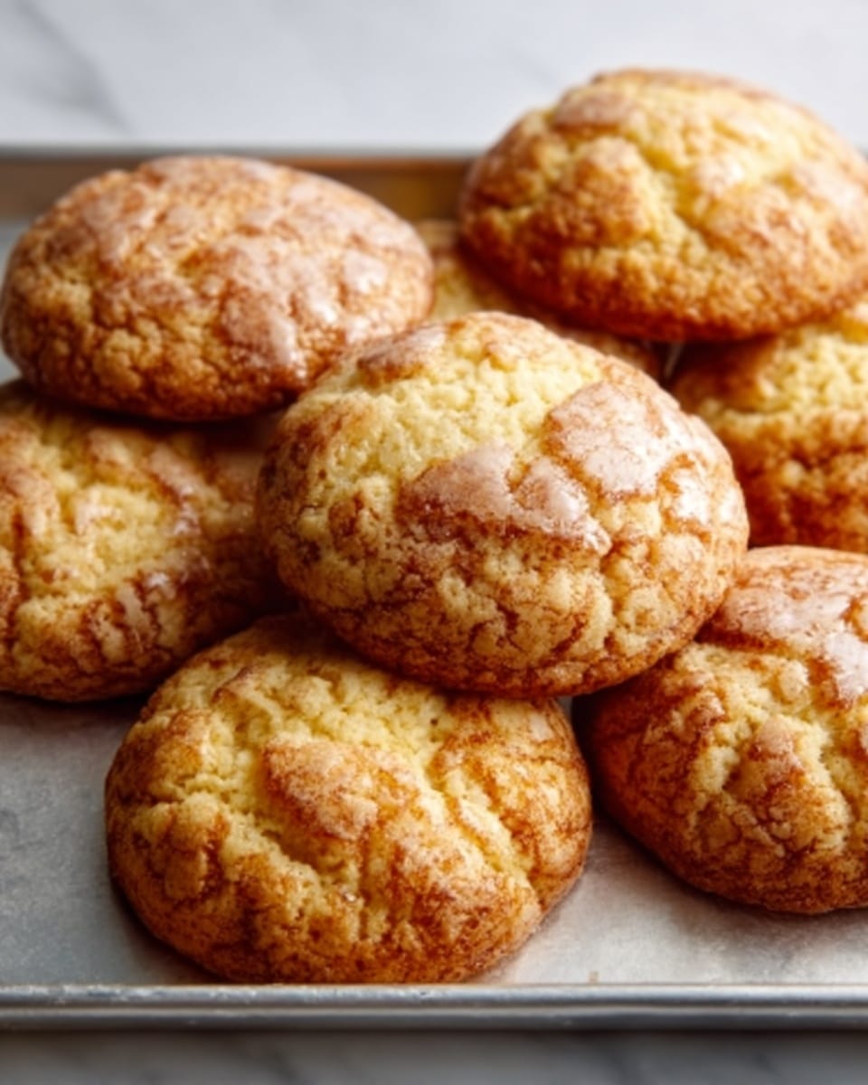 The image shows a close-up of several round cookies arranged on a silver baking tray, each cookie having a golden-brown color with a lightly cracked texture on top. The cookies appear soft and slightly chewy, with an uneven surface that reveals a moist interior. The lighting highlights the cookies' warm tones and slight shine. In the background, the white marbled texture is softly visible beneath the tray. photo taken with an iphone --ar 4:5 --v 7